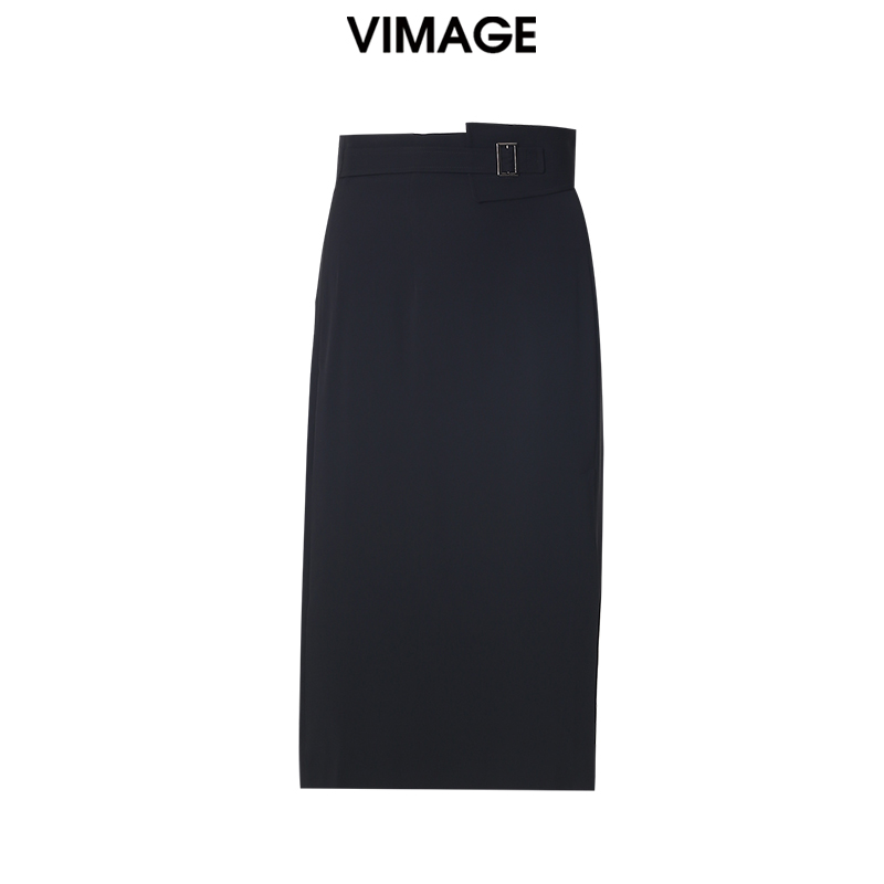 VIMAGE/纬漫纪气质时尚优雅中长款黑色女士半裙V1806431