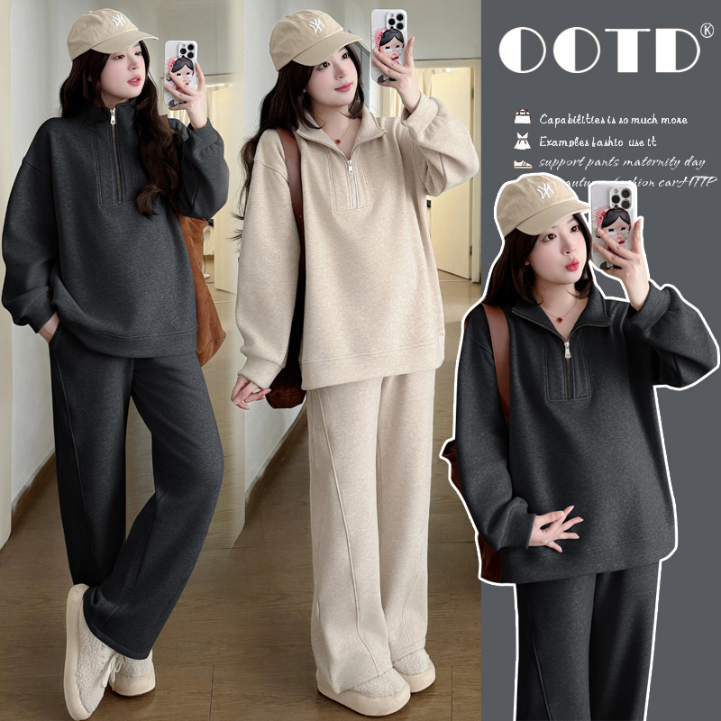 时髦孕妇装新款秋冬装宽松加绒特厚软糯高克重羊绒外穿网红款套装