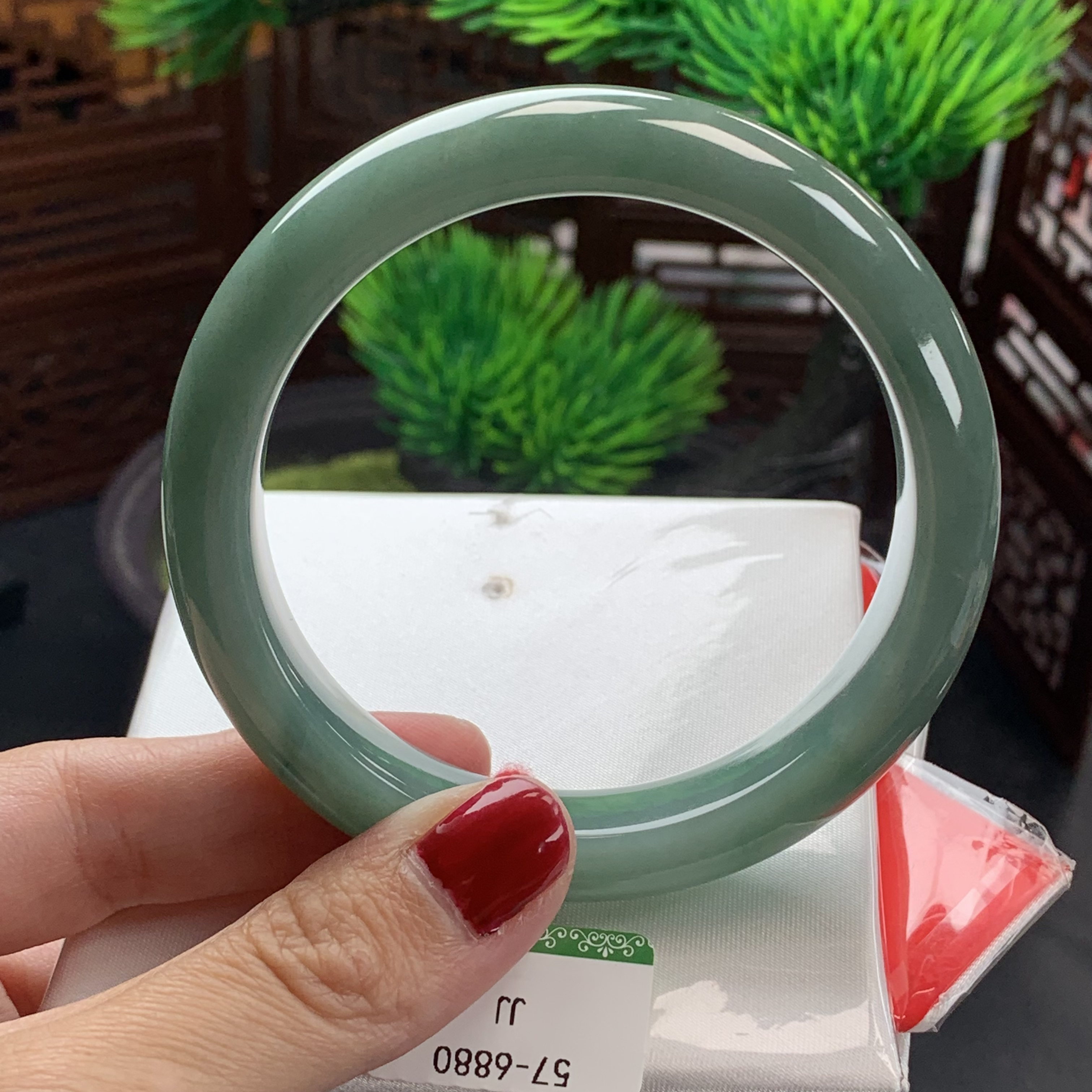缅甸天然翡翠A货手镯57圈口黄绿色正圈