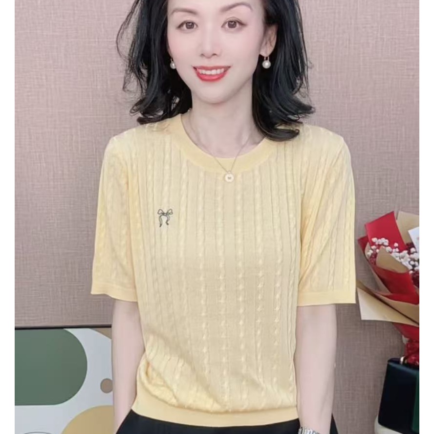 夏季新品圆领刺绣绞花纯色薄款短袖休闲百搭套头针织衫女