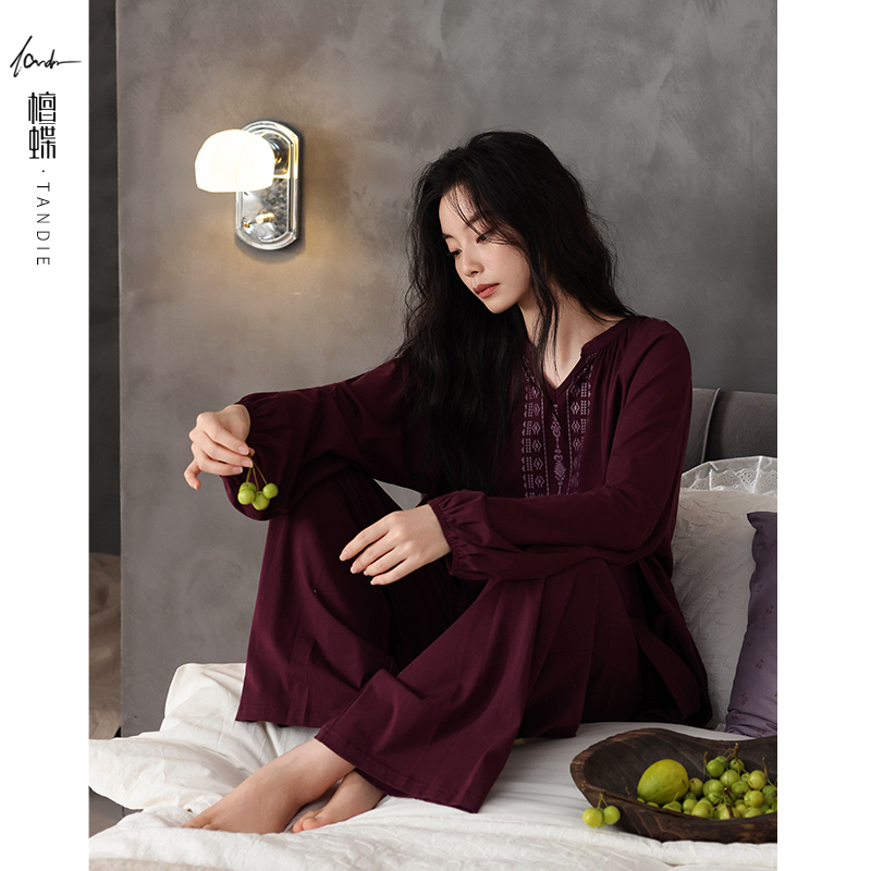 檀蝶2025年新款秋冬季纯棉睡衣女款睡衣家居服套装秋冬季宽松舒适