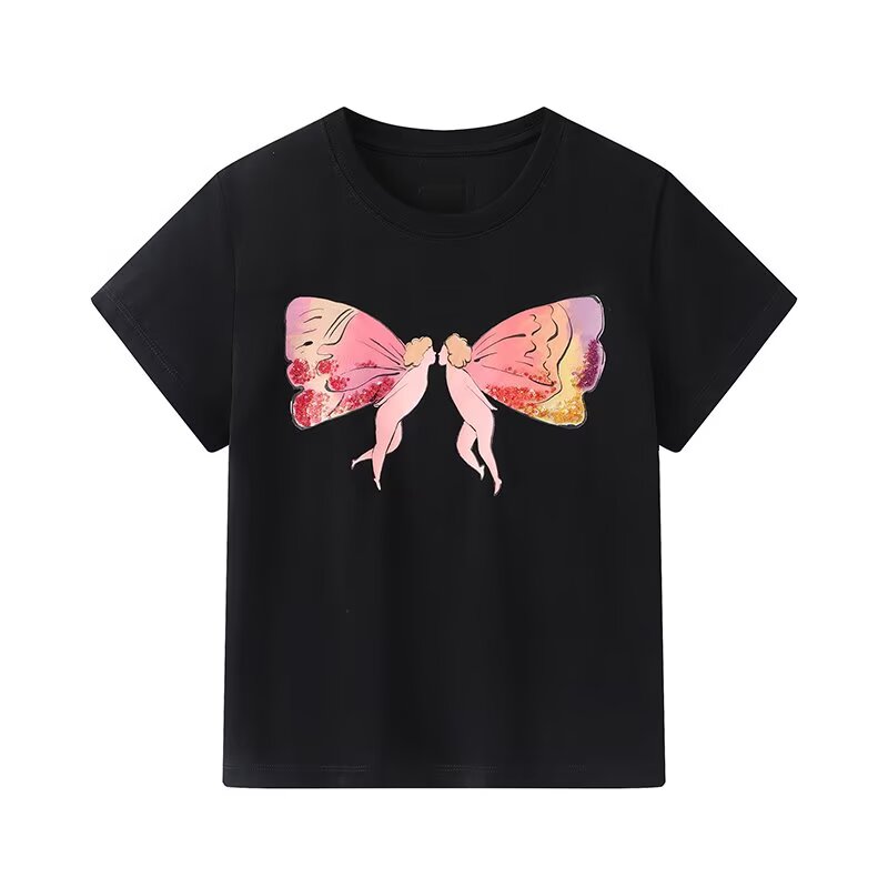 【小天使蝴蝶结T恤】夏季新款圆领黑色印花小T恤（Z985）