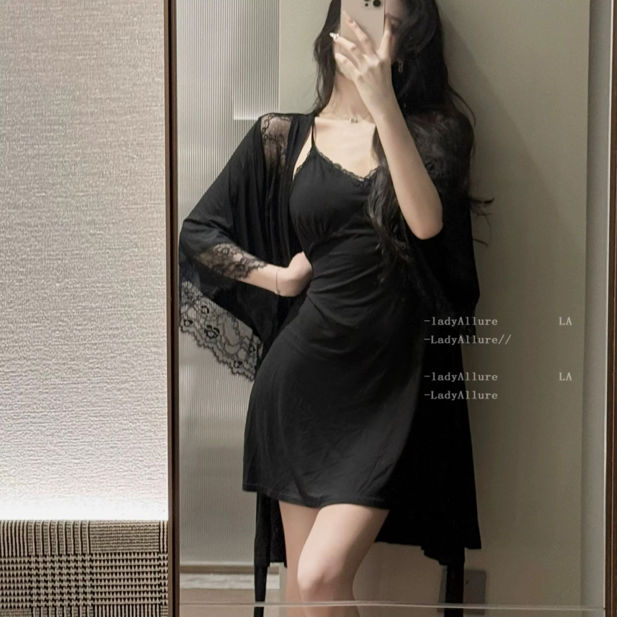 柔情百转*纯欲莫代尔睡裙蕾丝睡衣吊带含胸垫显瘦两件套家居服女