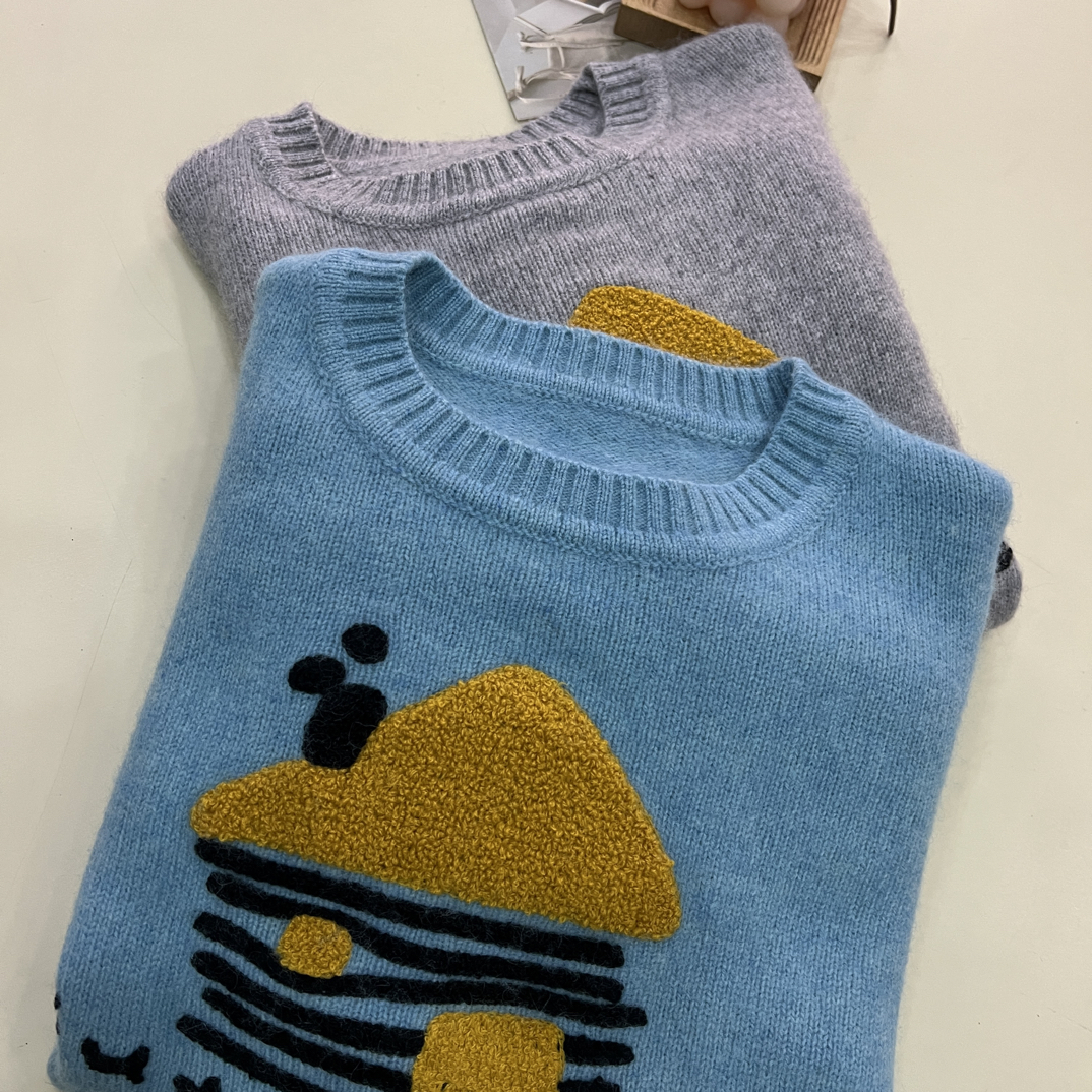 绒品 韩系小房子立体刺绣套头针织衫