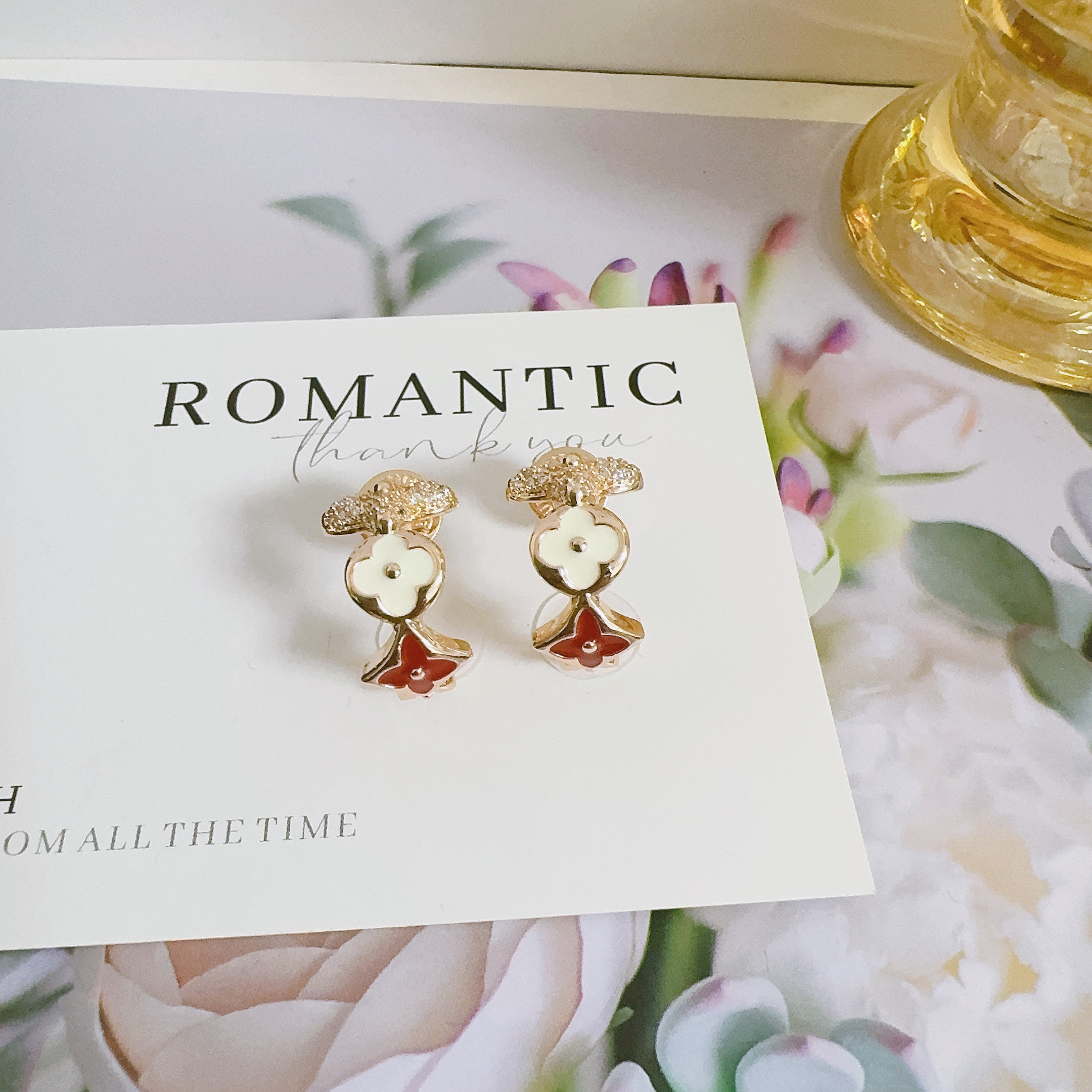 铜合金锆石耳饰 4486 红色滴油老花系列耳钉