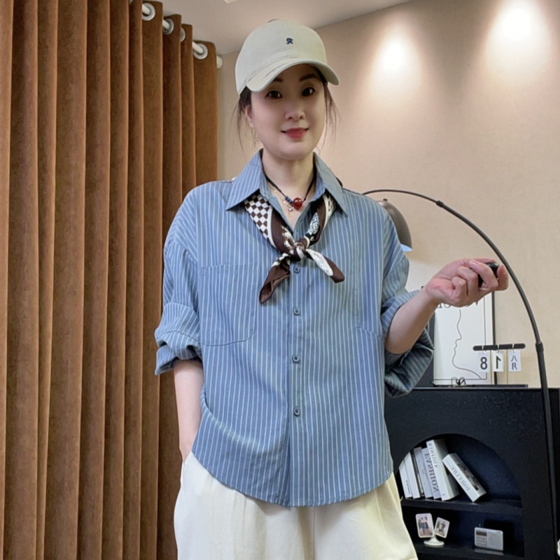 7305#单排多扣成人百搭长袖宽松女潮流女装衬衣条纹衬衫