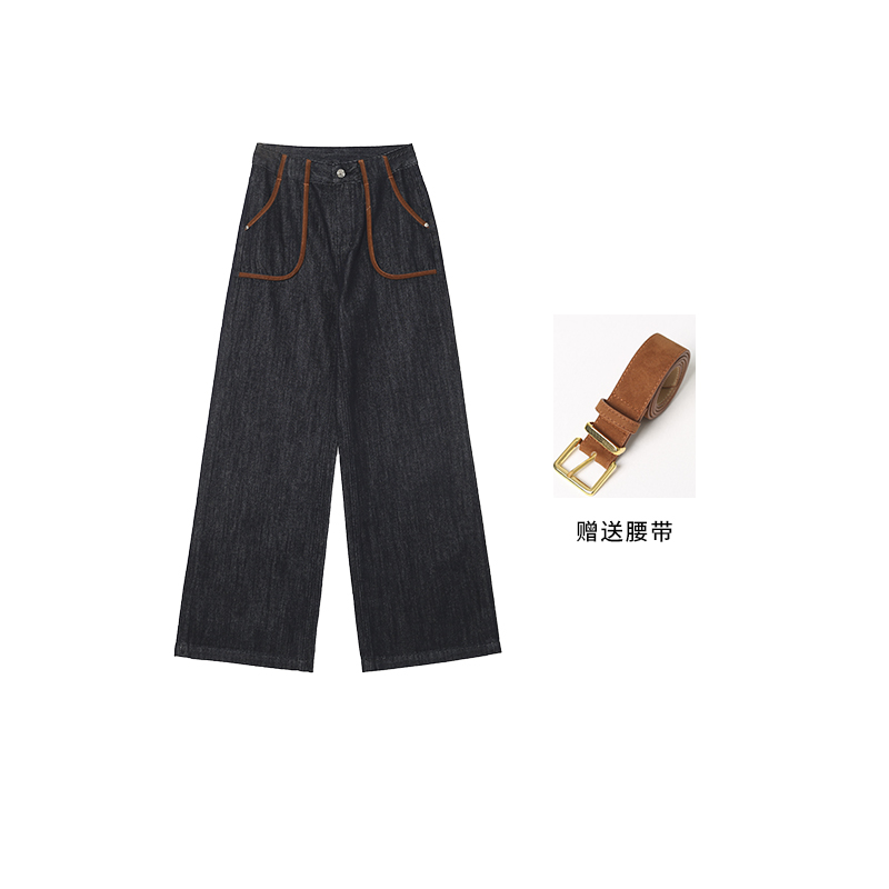 冻龄时尚秋冬新品宽松口袋边撞色直筒松垂感阔腿裤牛仔裤33106