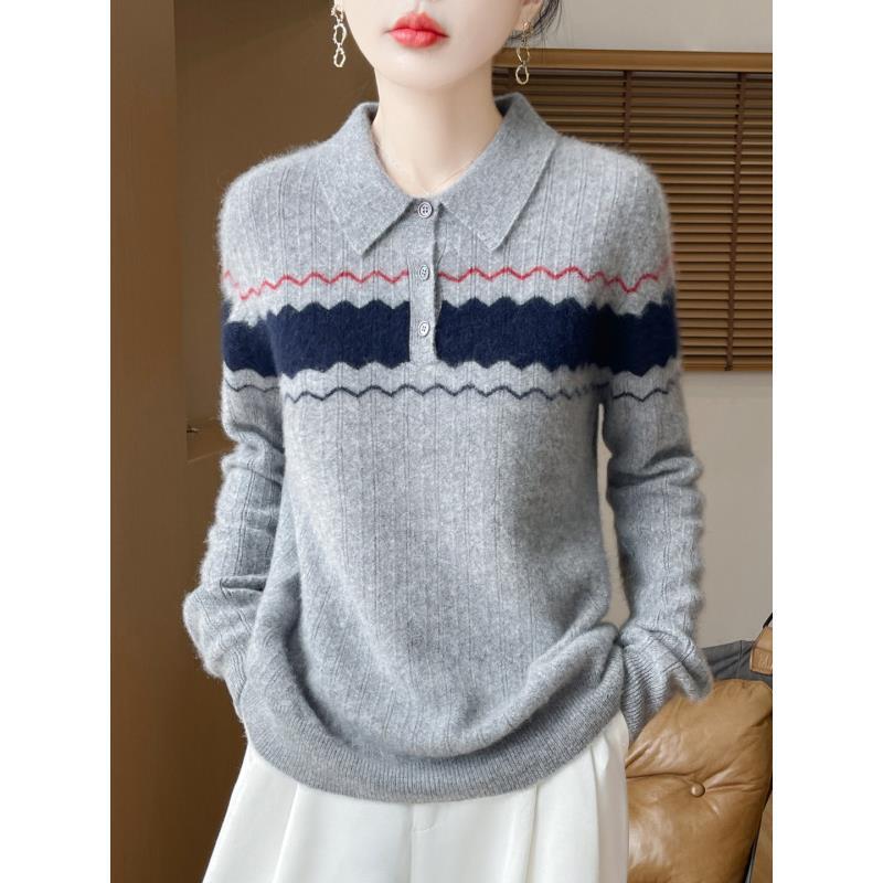 学院风波浪纹间色POLO领羊毛衫D235