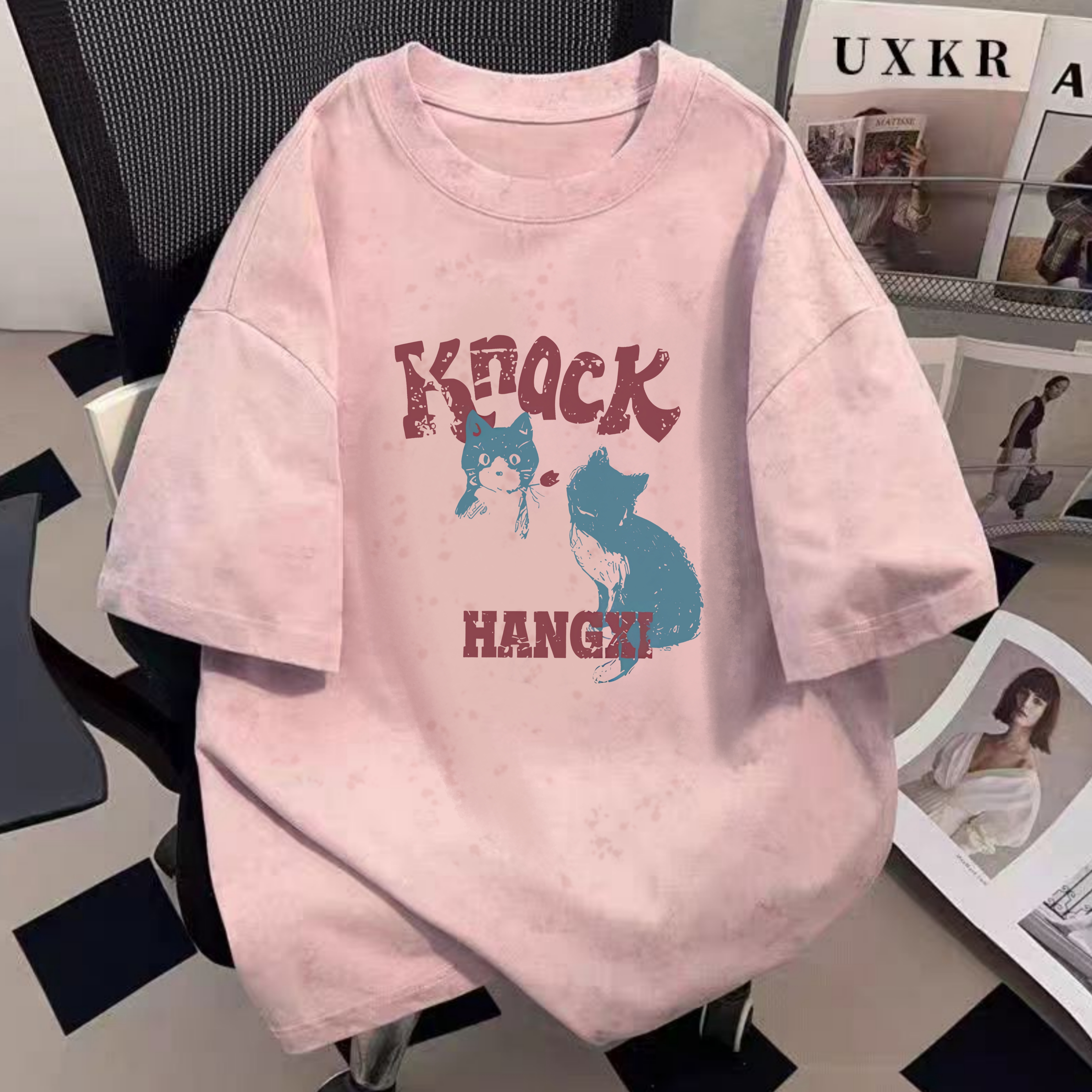 夏季新款扎染涂鸦KNACK蓝色猫咪印花T恤短袖女款爆款圆领韩版夏装