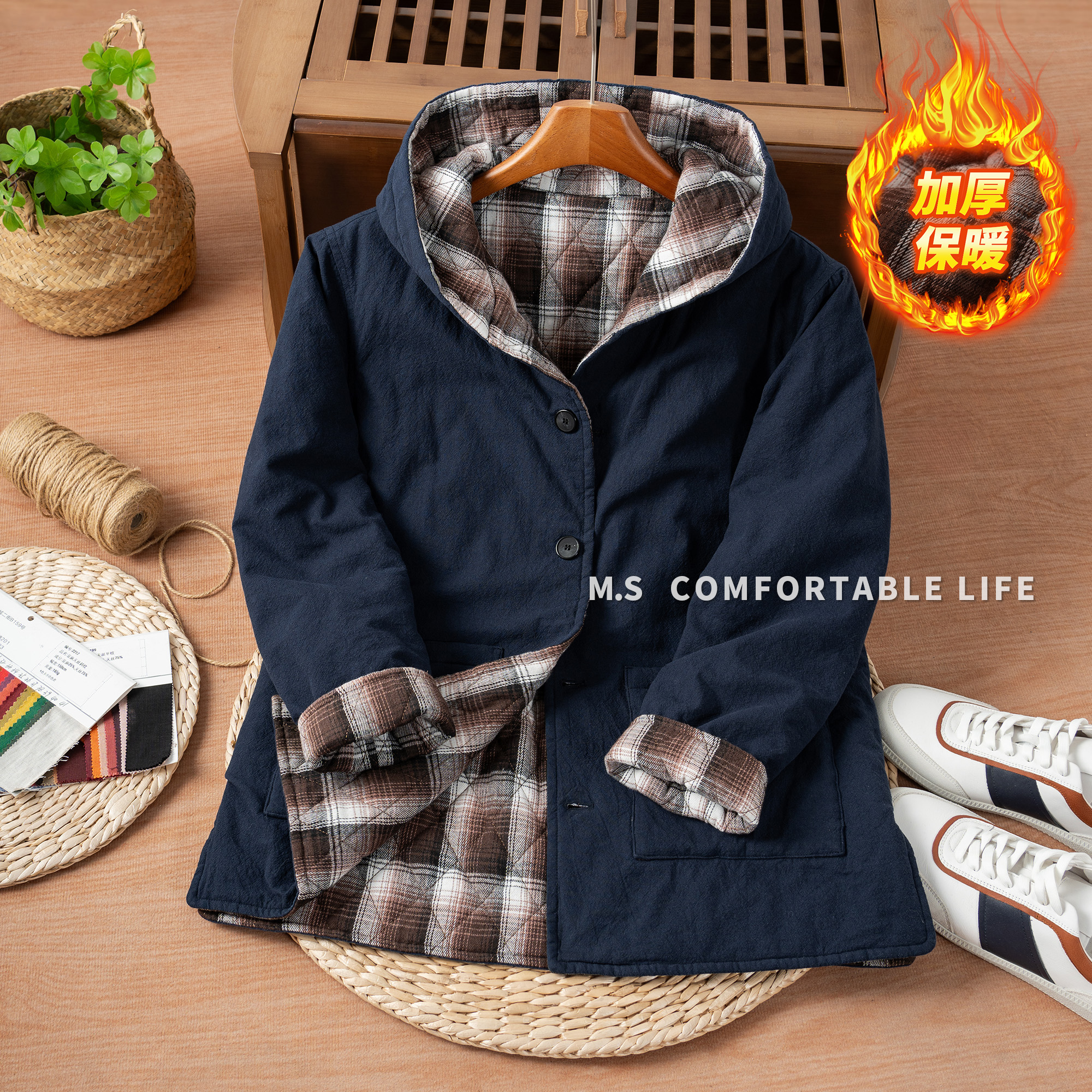 冬款上新连帽棉服保暖宽松版加厚格子休闲棉衣