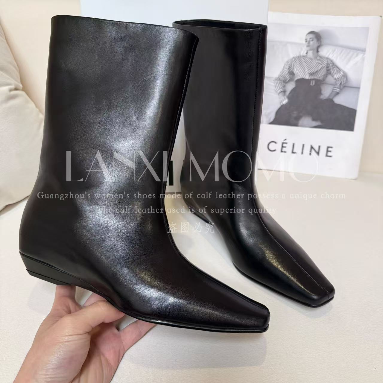 【LANXI MOMO】时尚百搭黑色中筒圆头秋冬英伦风靴子25XZ829LX