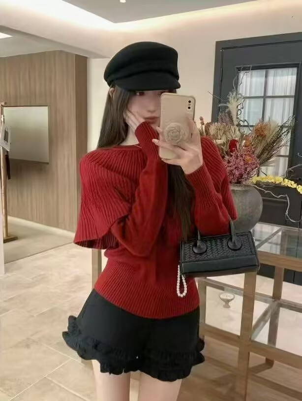 设计感斗篷披肩圆领针织衫女秋冬新款季假两件高级感显瘦毛衣上衣