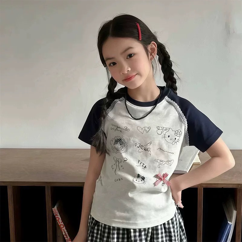 【现货】2025夏卡通凯蒂拼色花边短袖T恤(95%棉) D313 313 M