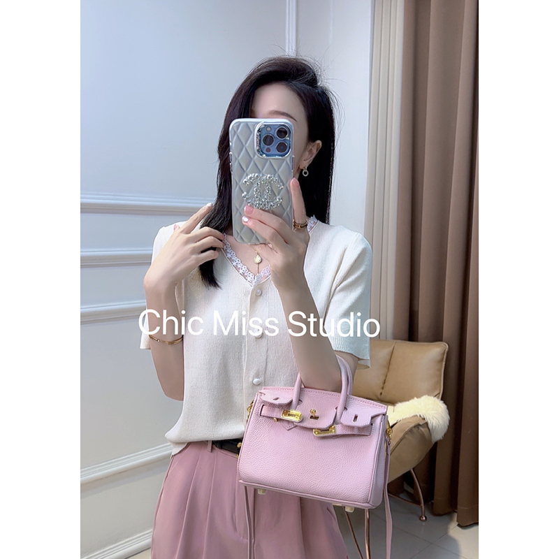 【米白色】开衫外套2981超柔软高品质V领蕾丝短袖上衣