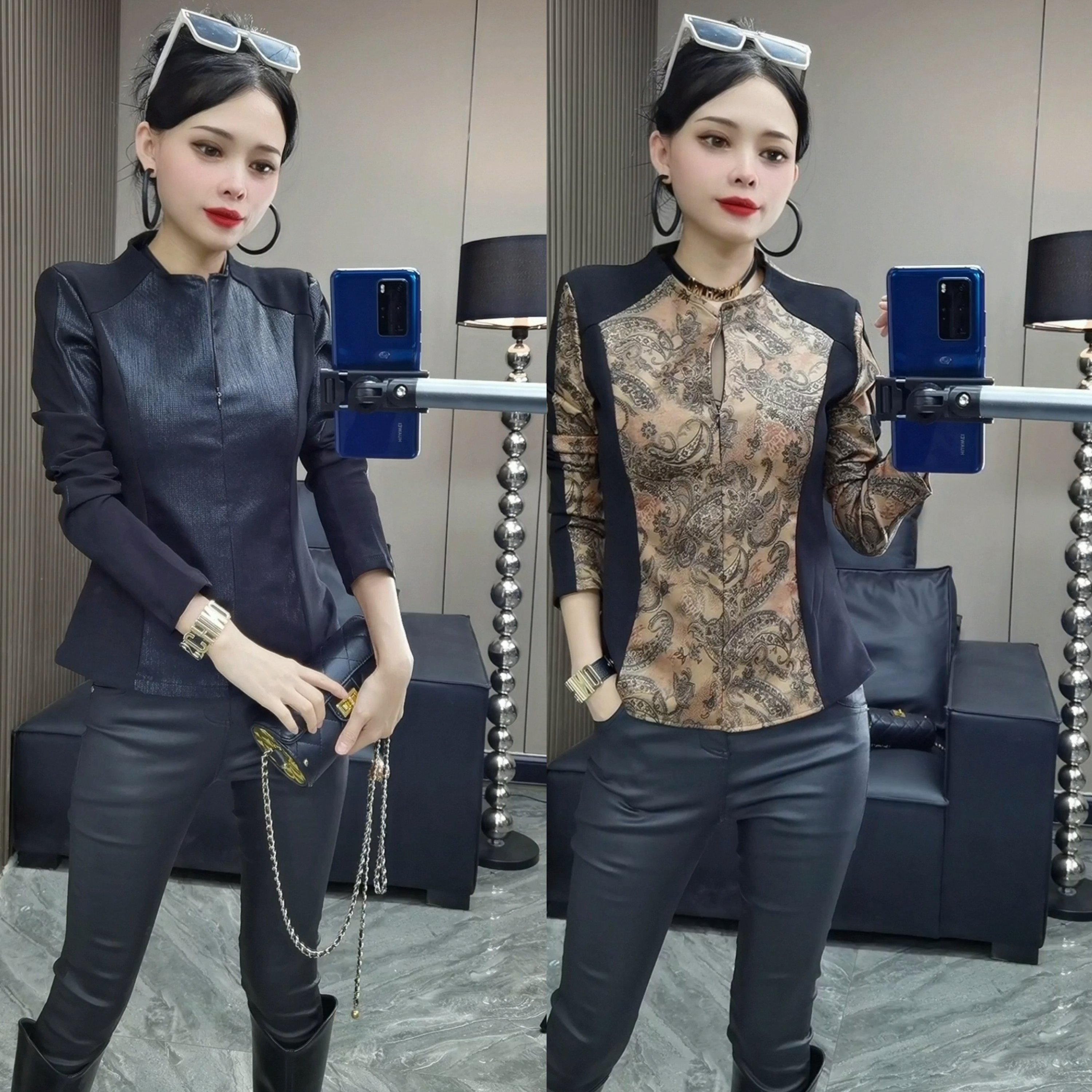 25286#zH2025新款冬季设计感烫金涂层弹力拼接假两件上衣修身打底