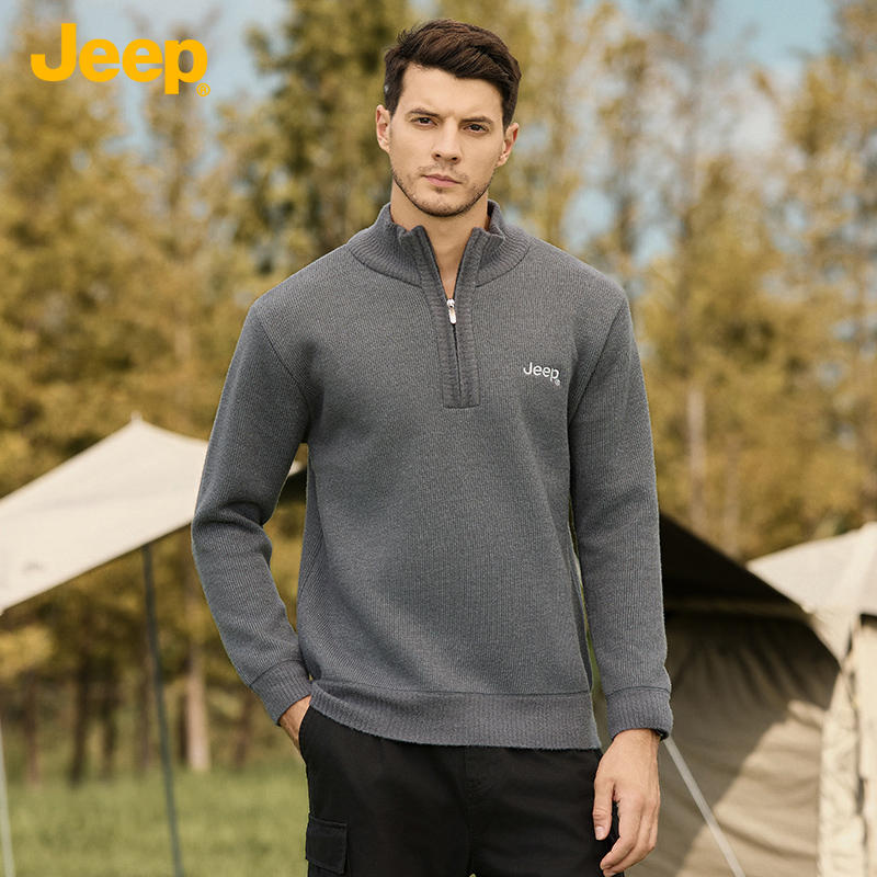 JEEP/吉普冬季新款男士百搭舒适加绒毛衣保暖时尚半拉链上衣