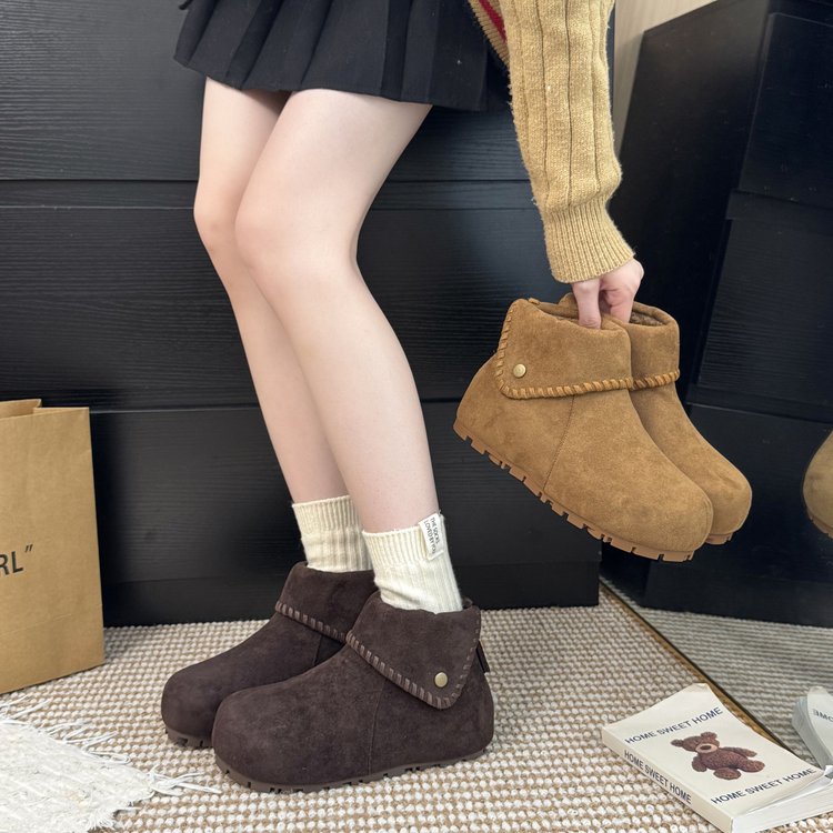 2025冬季新款时尚雪地靴圆头鞋头平底跟底牛津鞋底女鞋