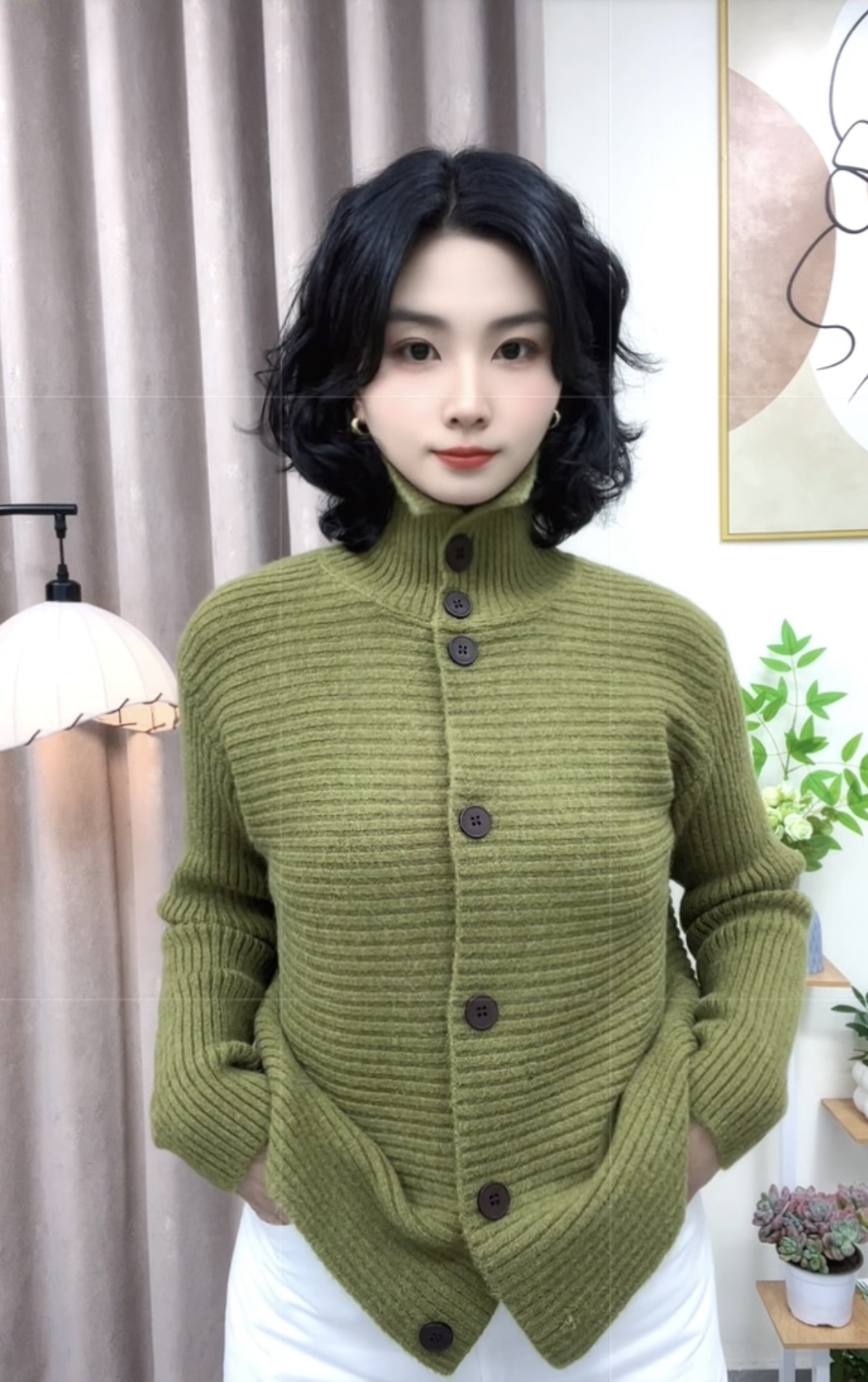 立领单排扣坑条针织毛衣开衫女秋冬2025新款设计感慵懒显瘦上衣