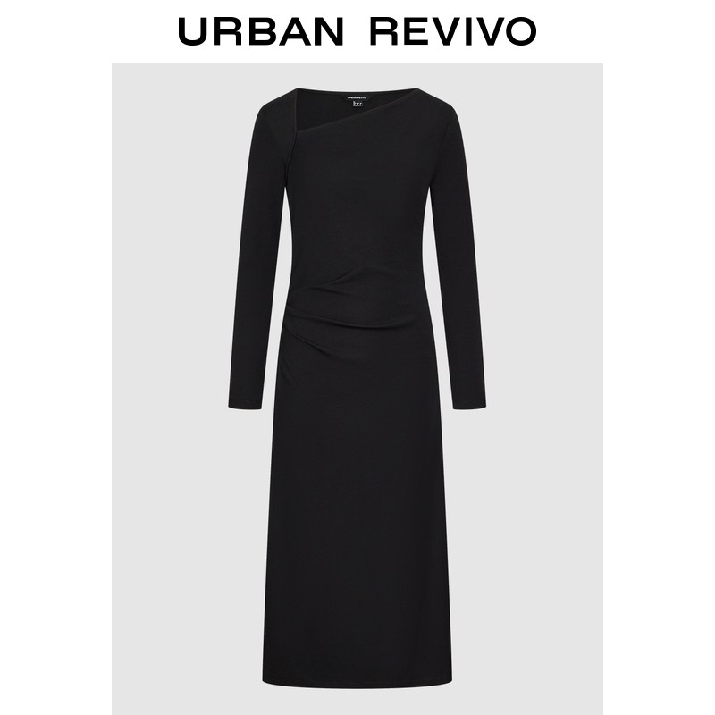 UR2026春季新款女装气质不对称领口褶皱修身连衣裙UWM760003