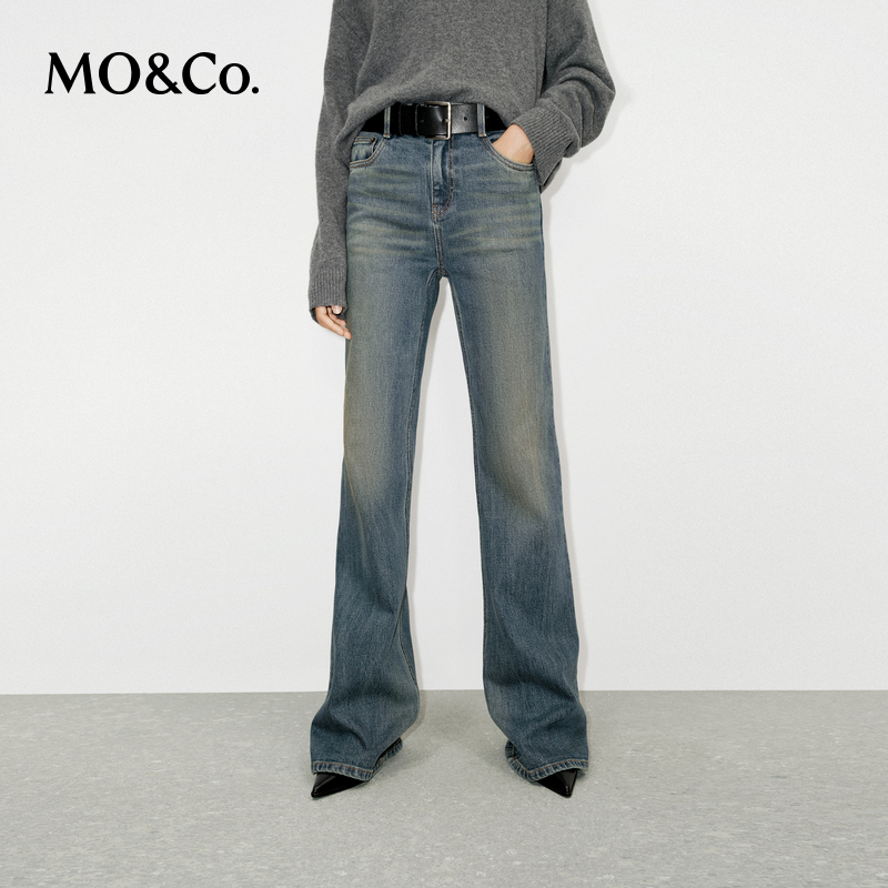 MOCO牛仔裤冬季微弹棉质洗褪脏脏裤高腰及地直筒MBD4JENK04