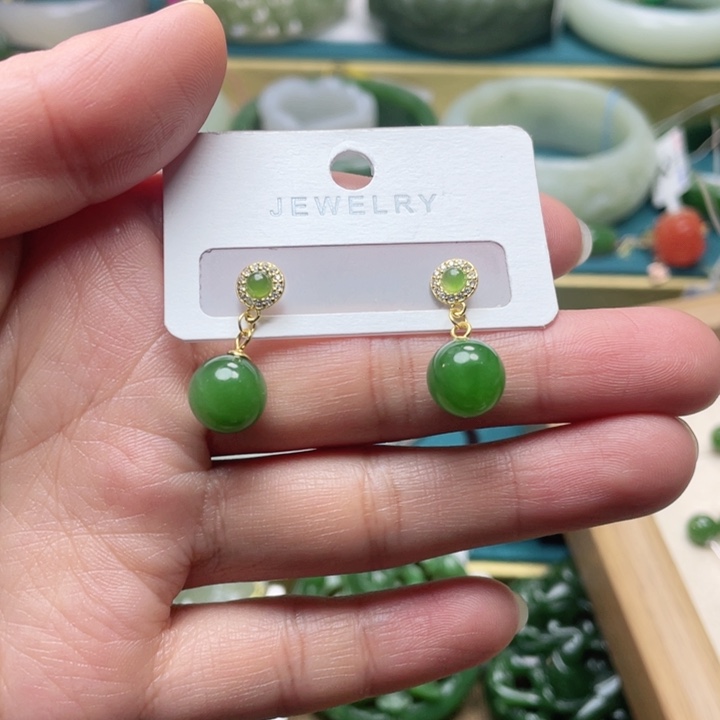 和田玉耳饰银S925镶嵌