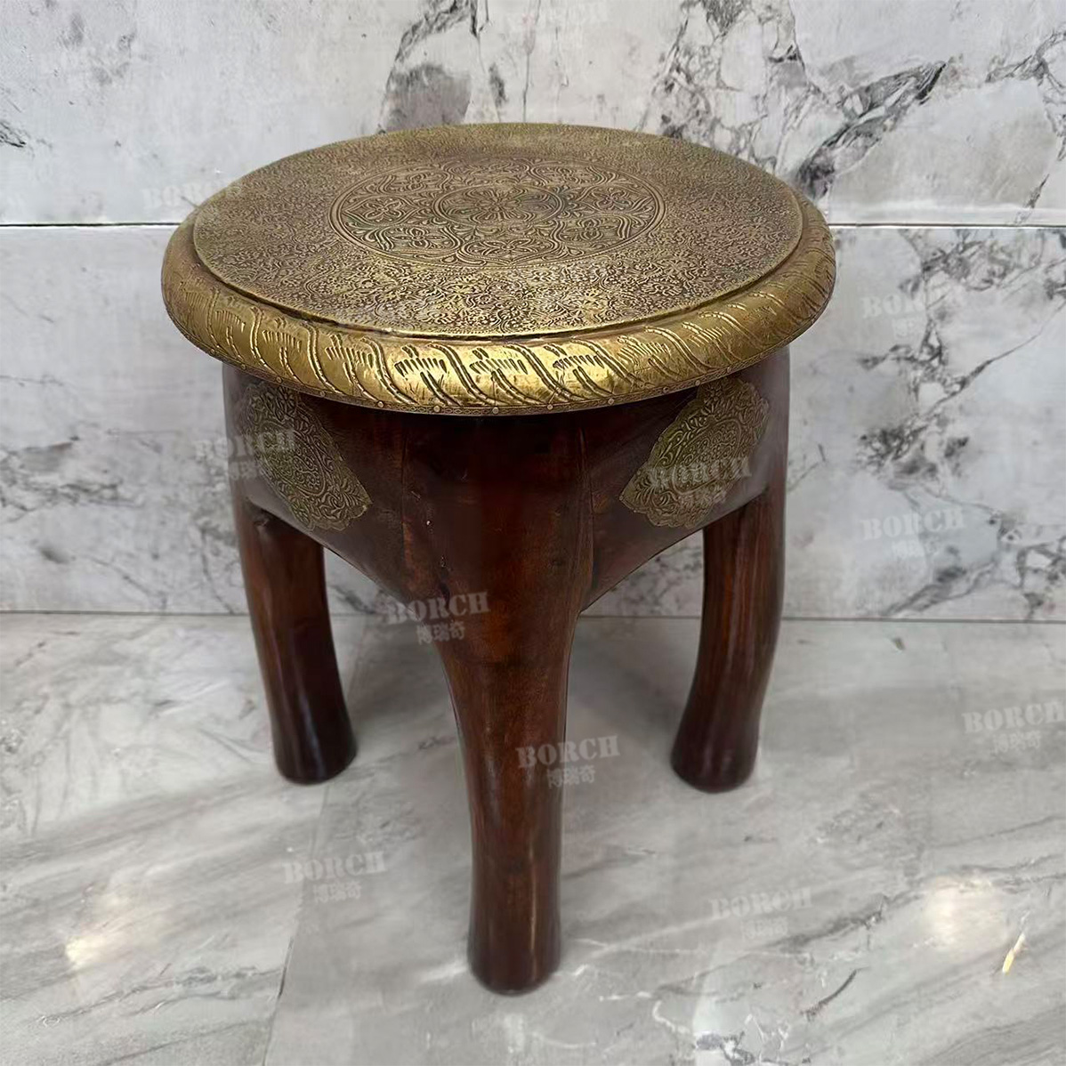 博瑞奇进口黄檀木嵌铜凳象腿四脚换鞋凳圆形客厅矮凳（09136）