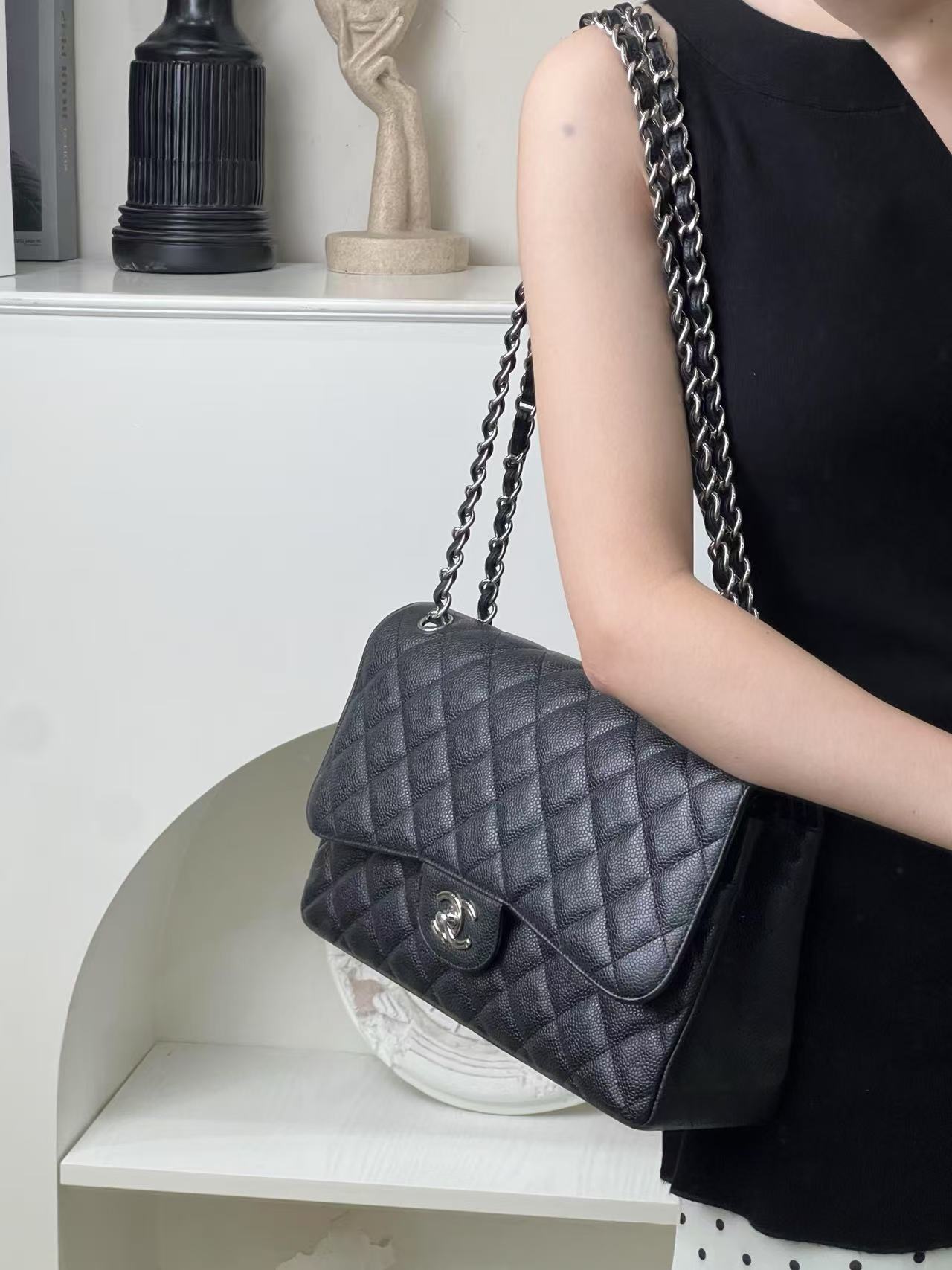 99新 Chanel/香奈儿 jumbo黑银荔枝纹/优品