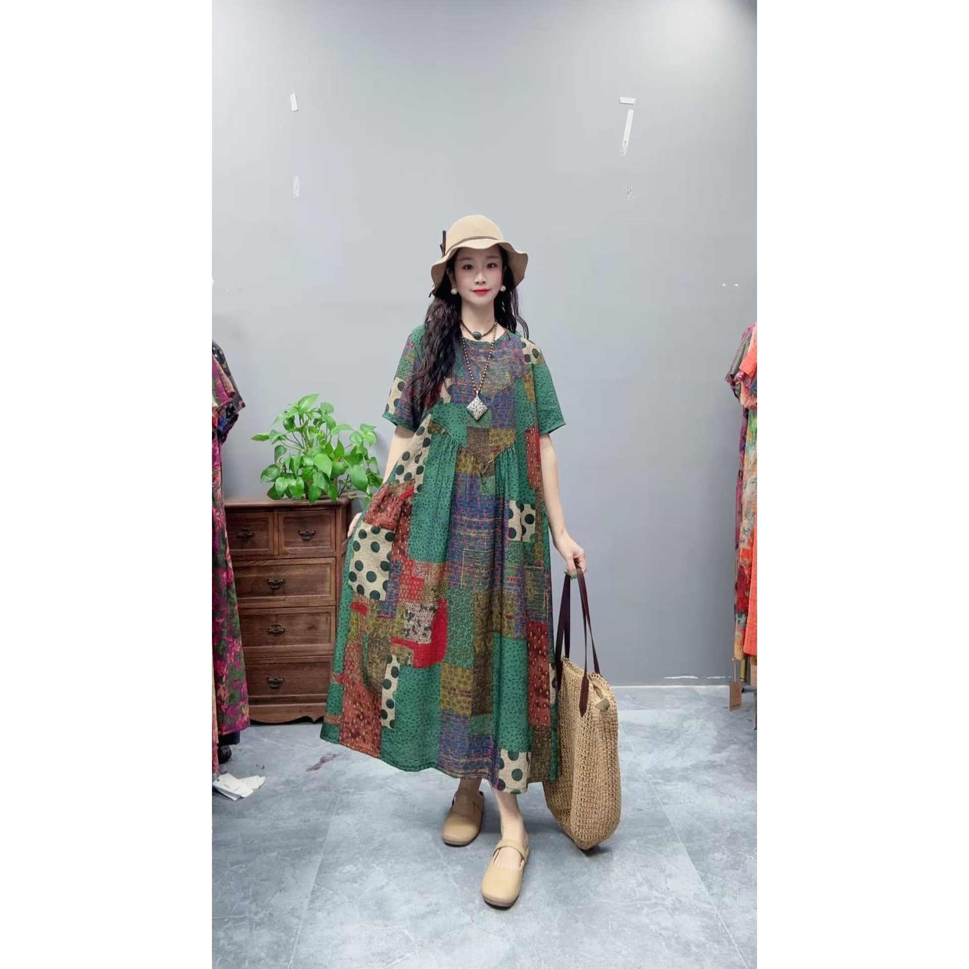 5096夏季新款清凉气质时尚复古遮肚宽松女显瘦百搭圆领休闲连衣裙