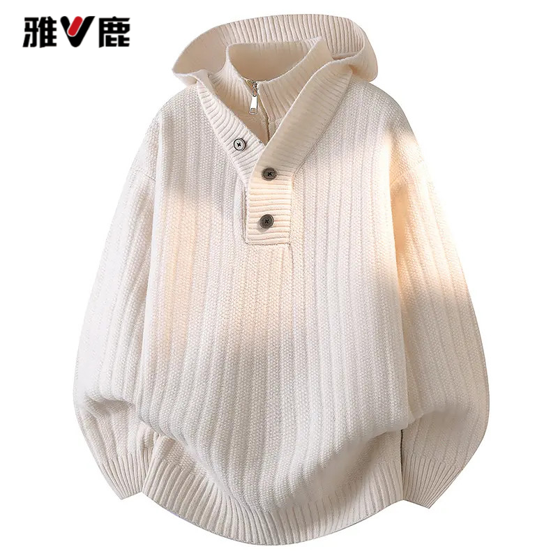 雅鹿假两件连帽毛衣男冬季慵懒松弛感毛线衣韩系高级感休闲针织衫