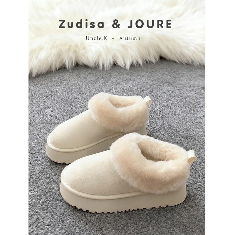 白色厚底增高加绒保暖雪地靴女2025新款防滑一脚蹬毛毛鞋面包棉鞋