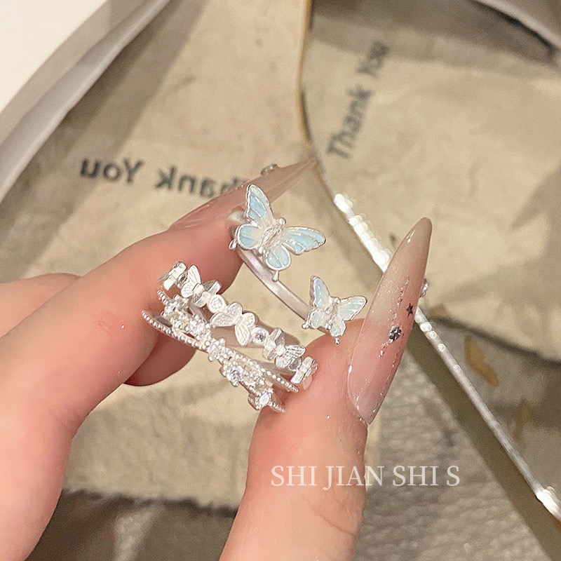 纯铜珐琅戒指 雾蓝蝴蝶仙女设计感小众蝴蝶叠戴开口戒个性甜酷