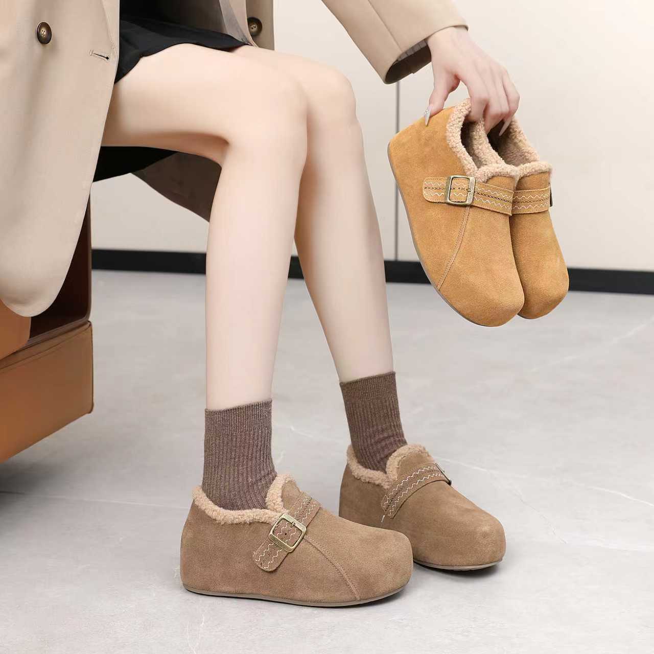 加绒加厚勃肯鞋2025冬季新款女鞋保暖时尚百搭休闲鞋厚底增88716