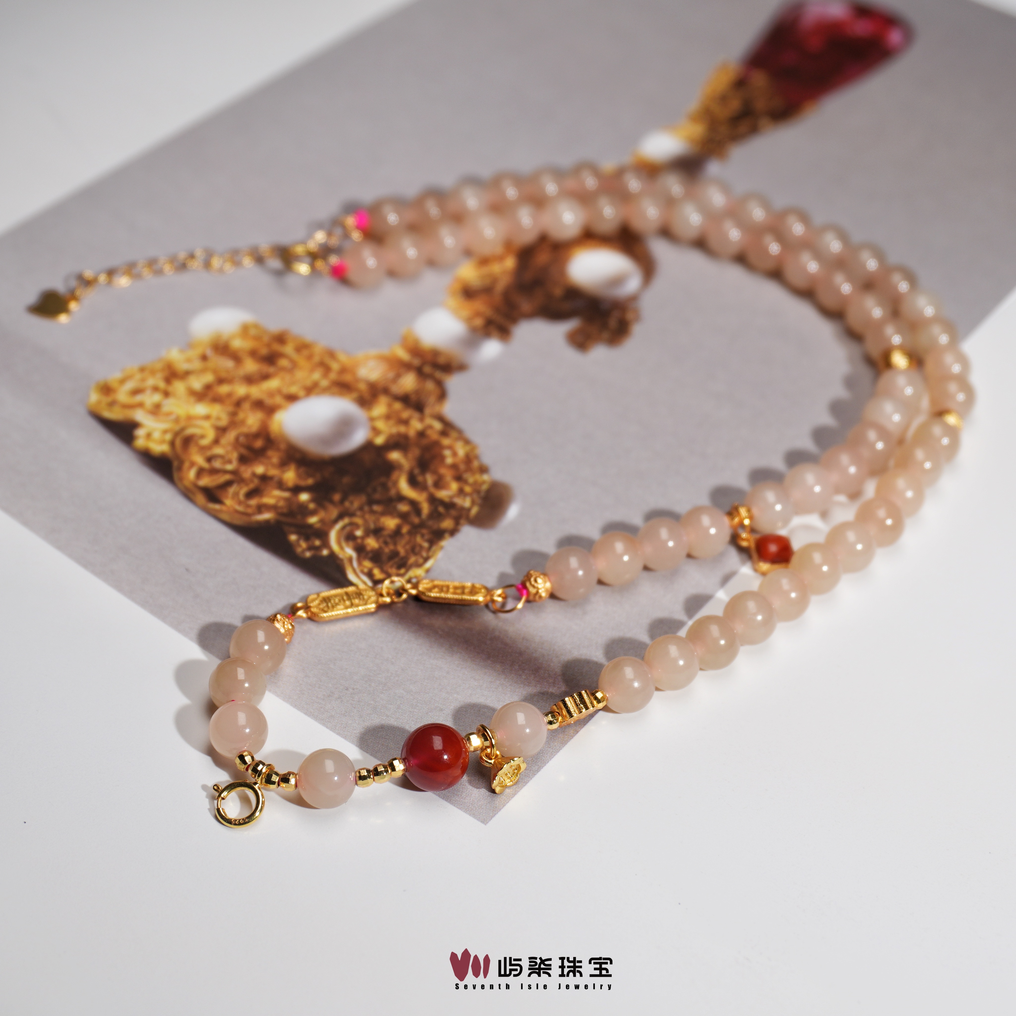 A1358|月璎|和田玉银S925镶嵌 藕粉单红项链