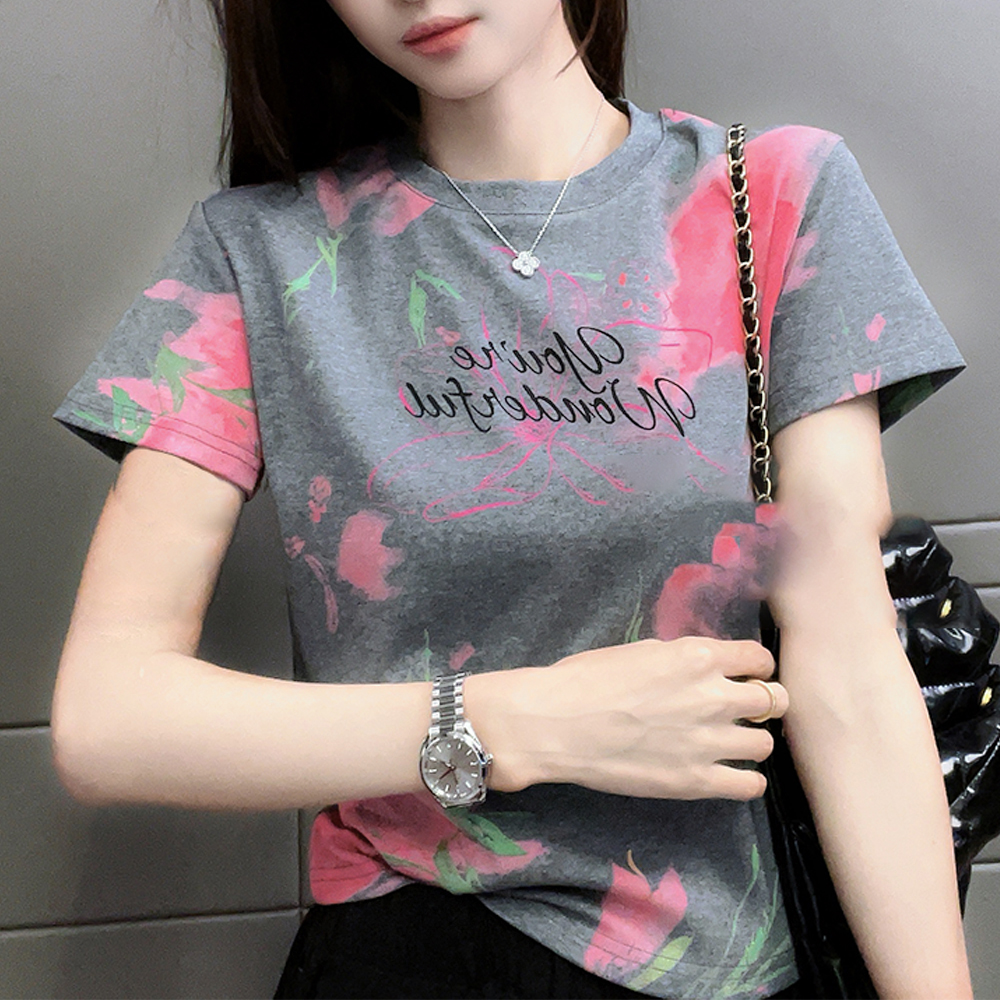 扎染设计时尚气质减龄圆领2025夏季短袖粉色花朵印花T恤上衣1705