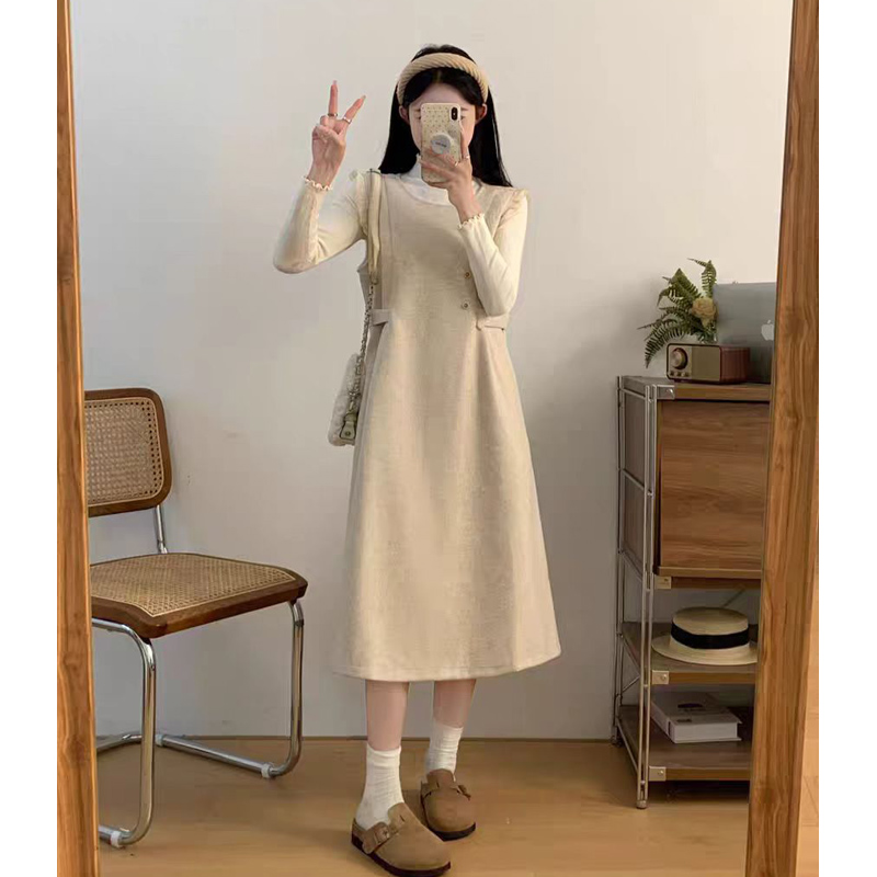 韩系学院风小个子毛呢背心中长款连衣裙女纯色百搭长袖打底衫