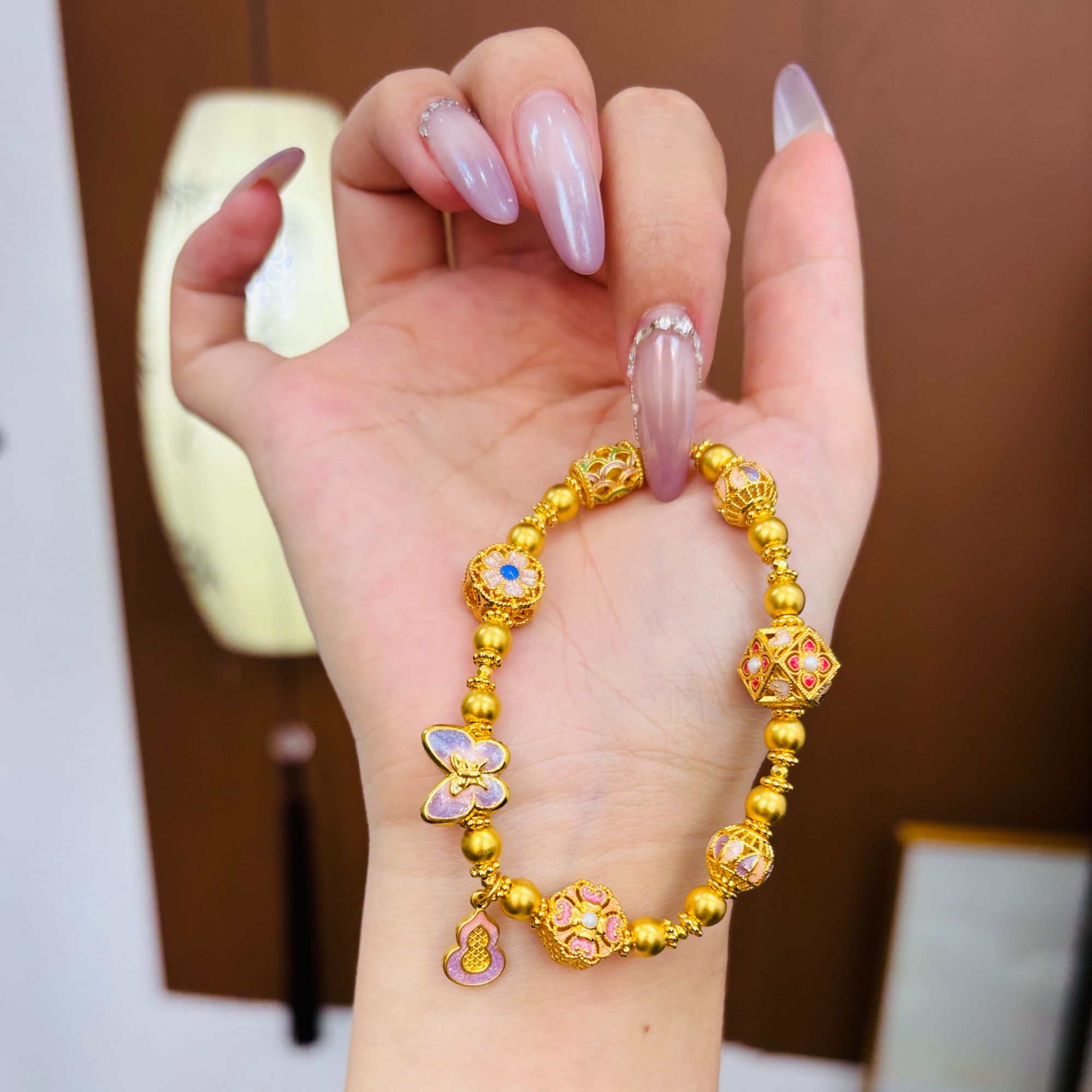 福满圆珠宝1 足金 无氰精品花丝蝴蝶葫芦手链