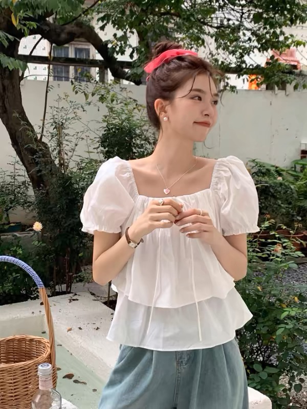 小个子短款方领泡泡袖衬衫女夏季天设计感小众短款娃娃衫衬衣上衣
