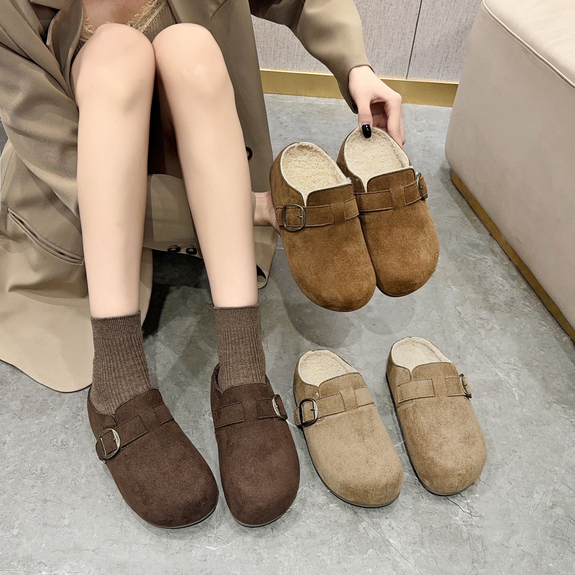 5CM加绒厚底内增高包头勃肯拖鞋女外穿2025新款一脚蹬博肯鞋半拖