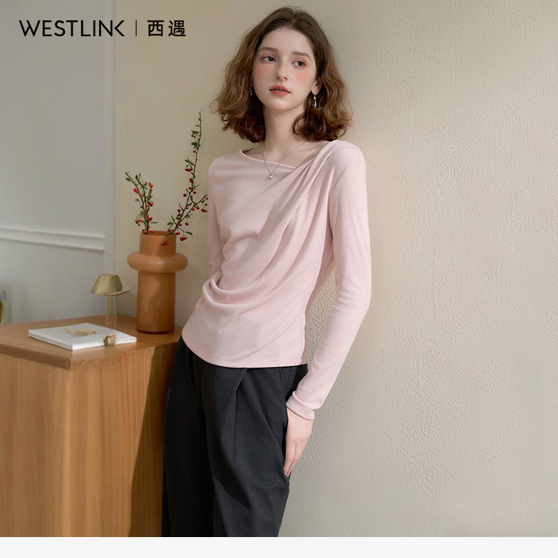 1158西遇落樱粉不规则扭结长袖T恤女2025秋季修身气质内搭打底衫