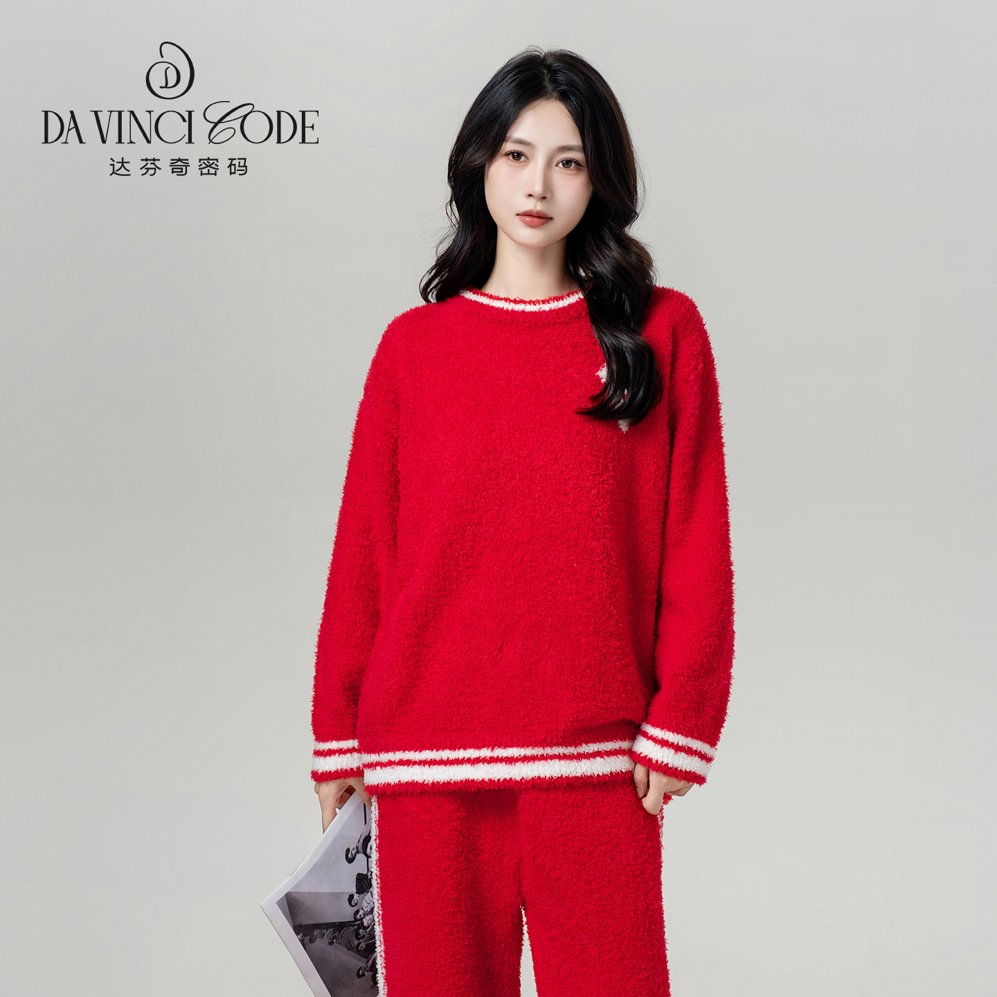 DAVINCIART秋冬胸口小爱心款睡衣女半边绒套装保暖情侣款家居服