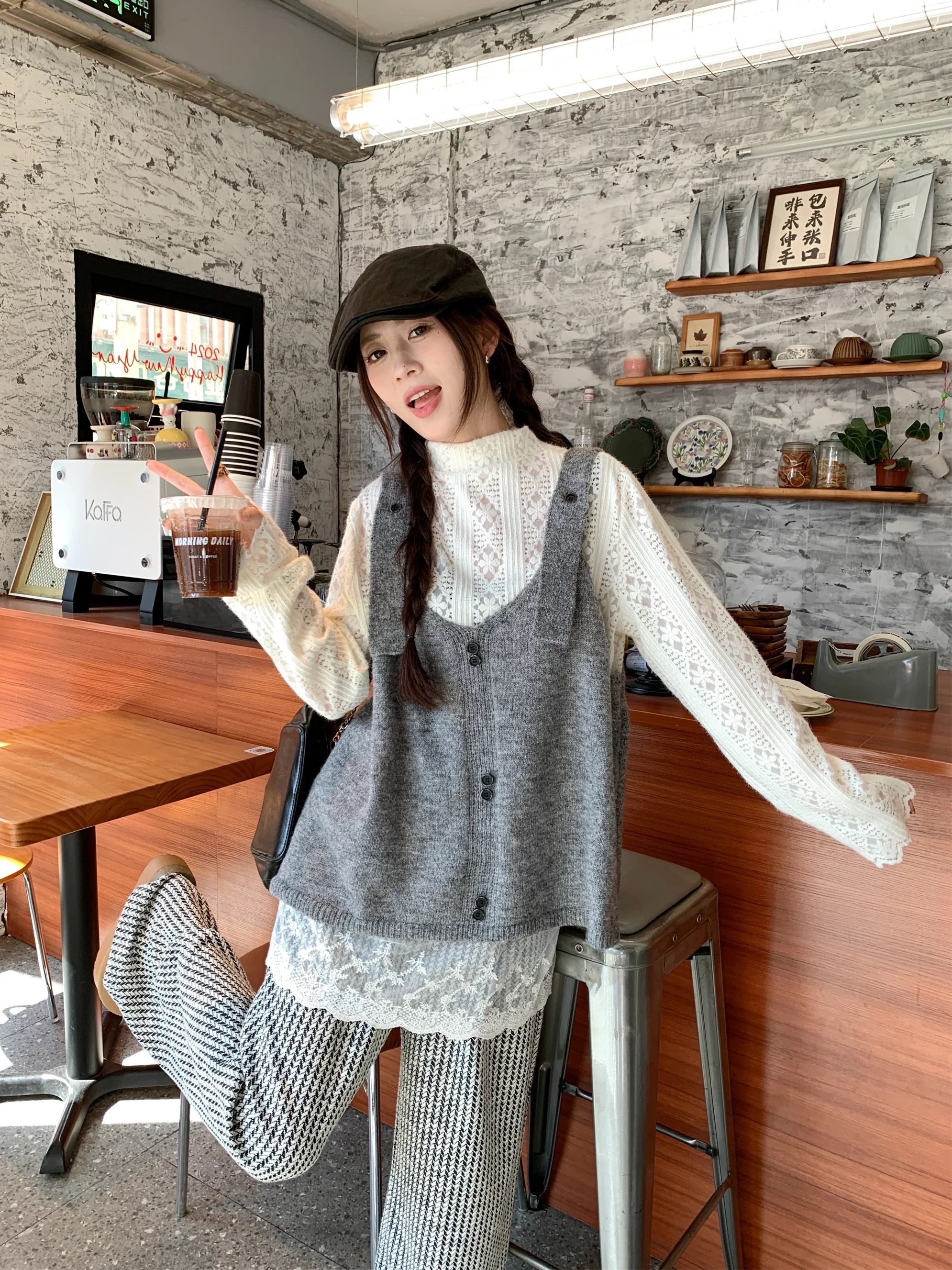 半高领法式中长款纯色蕾丝蕾丝衫百搭春秋小香风衬衫三件套#9605