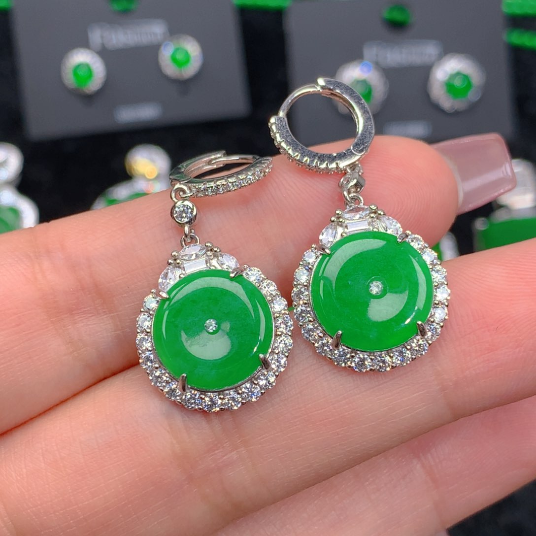 翡翠耳坠银S925镶嵌翡翠