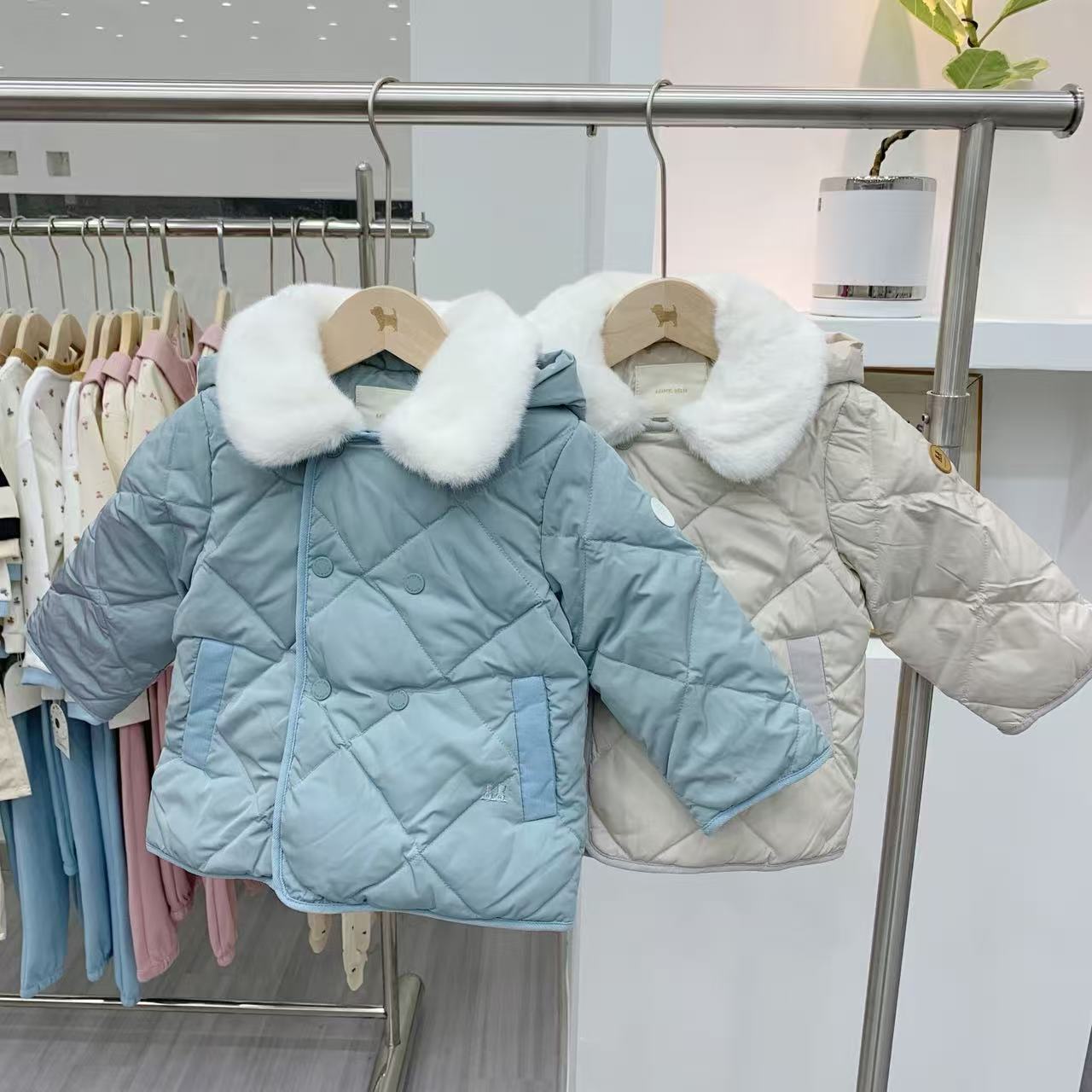 C3863韩版童装冬男女童宝宝双排扣毛领带帽纯色洋气羽绒服外套