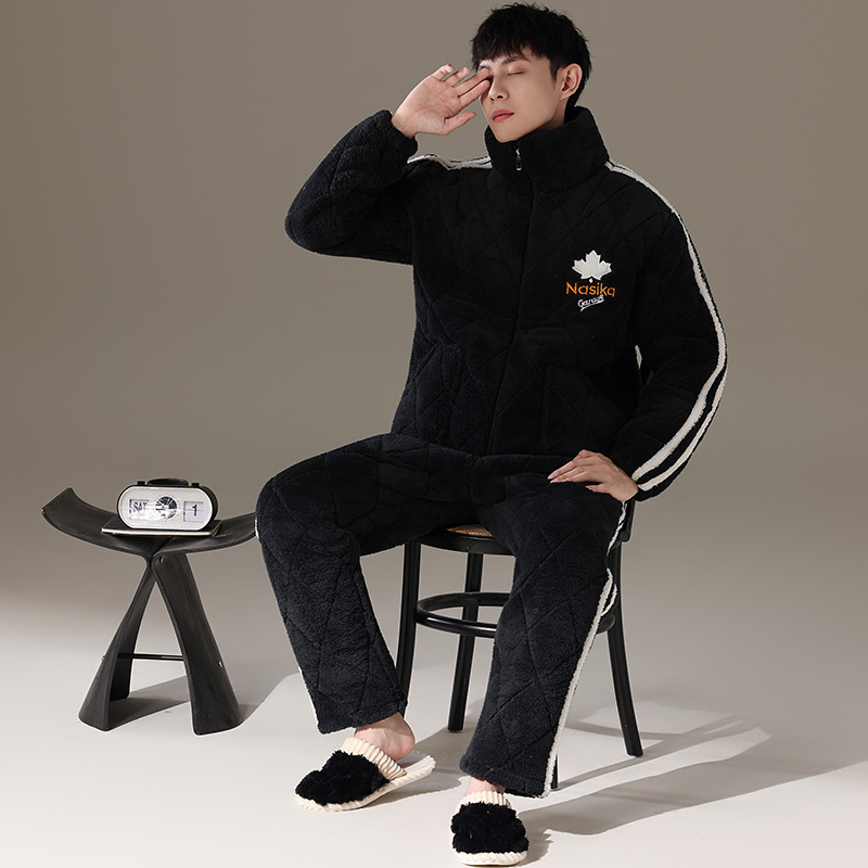 【特厚】男士秋冬季三层夹棉睡衣加厚加绒青年大码珊瑚绒保暖家居服