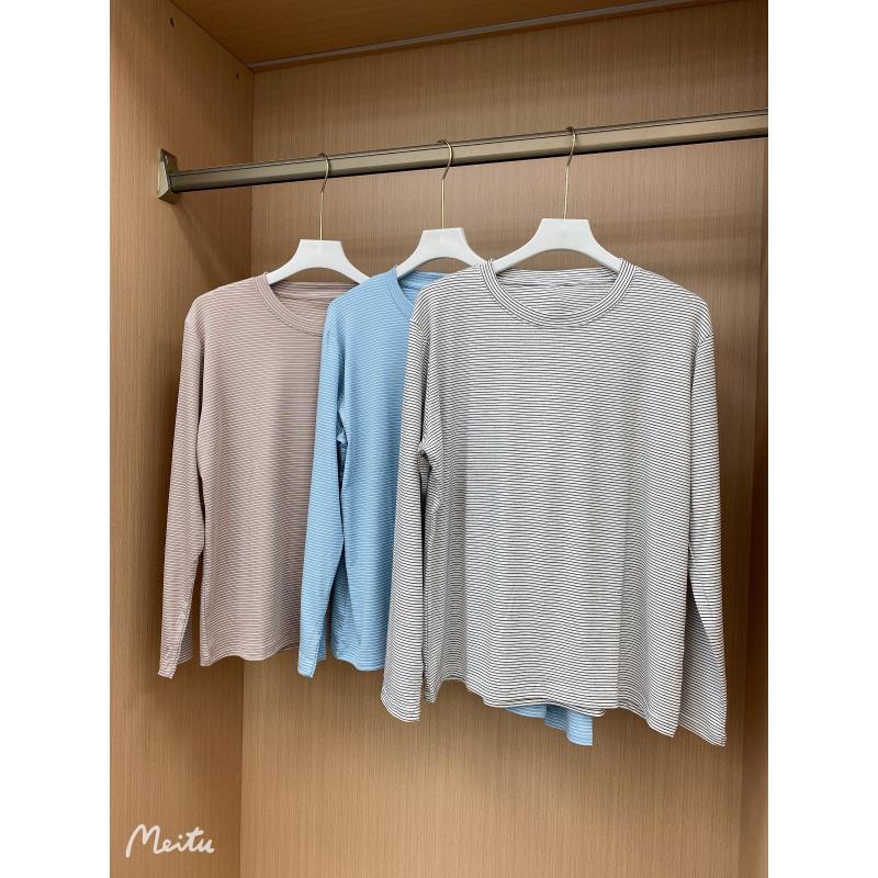 女士细条纹圆领长袖 L5506#