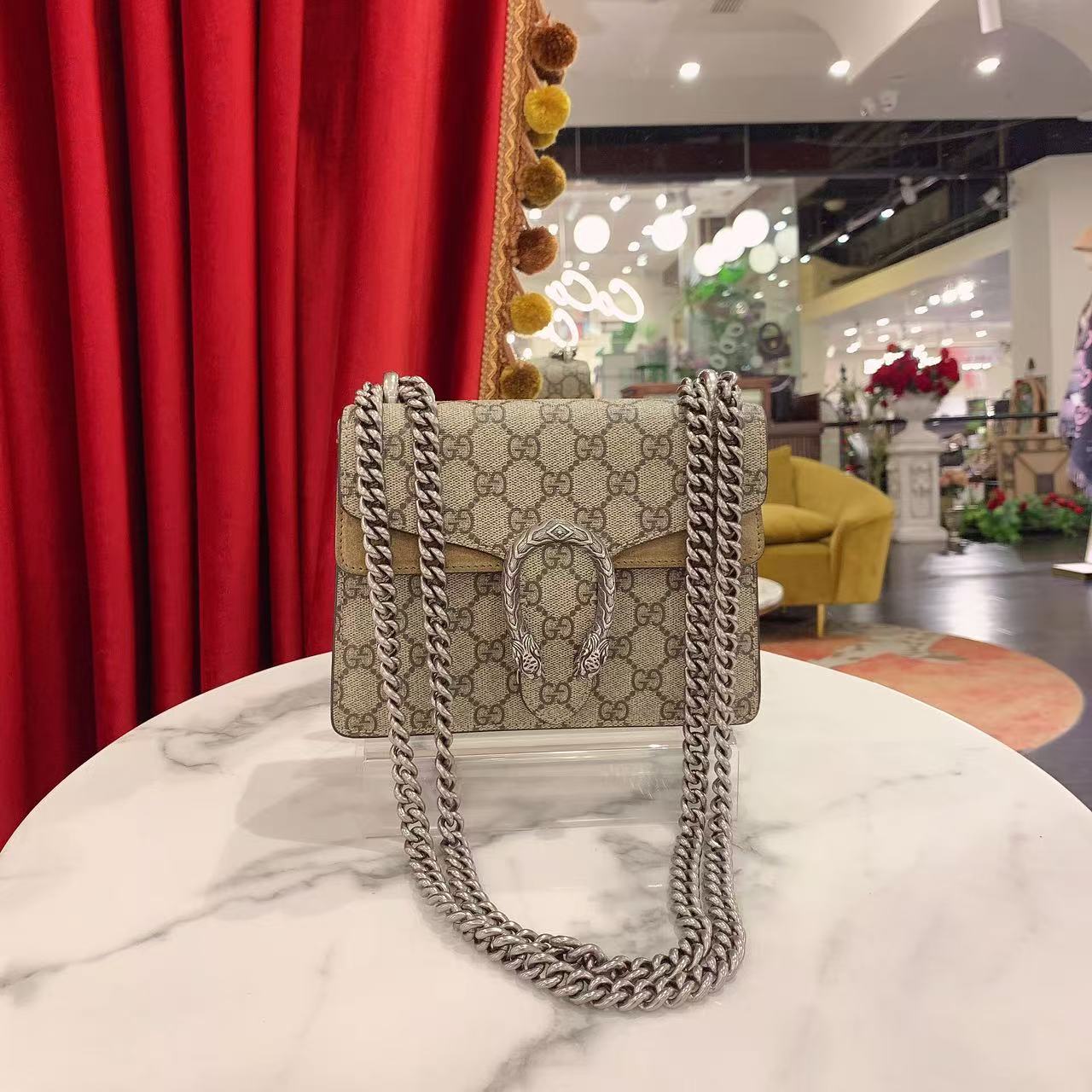 95新 GUCCI/古驰 GGS古酒神小号驼色拼老花银扣单肩包 14707820