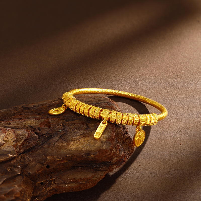 足银手镯 银铸厚金盘缠手镯万贯钱串子时尚高级送礼盒百搭复古