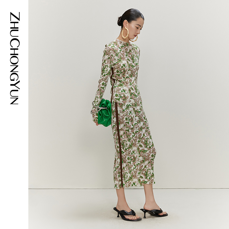 ZHUCHONGYUN春款通勤时尚白鹳印花桑蚕丝半身裙女士C1CX1764M