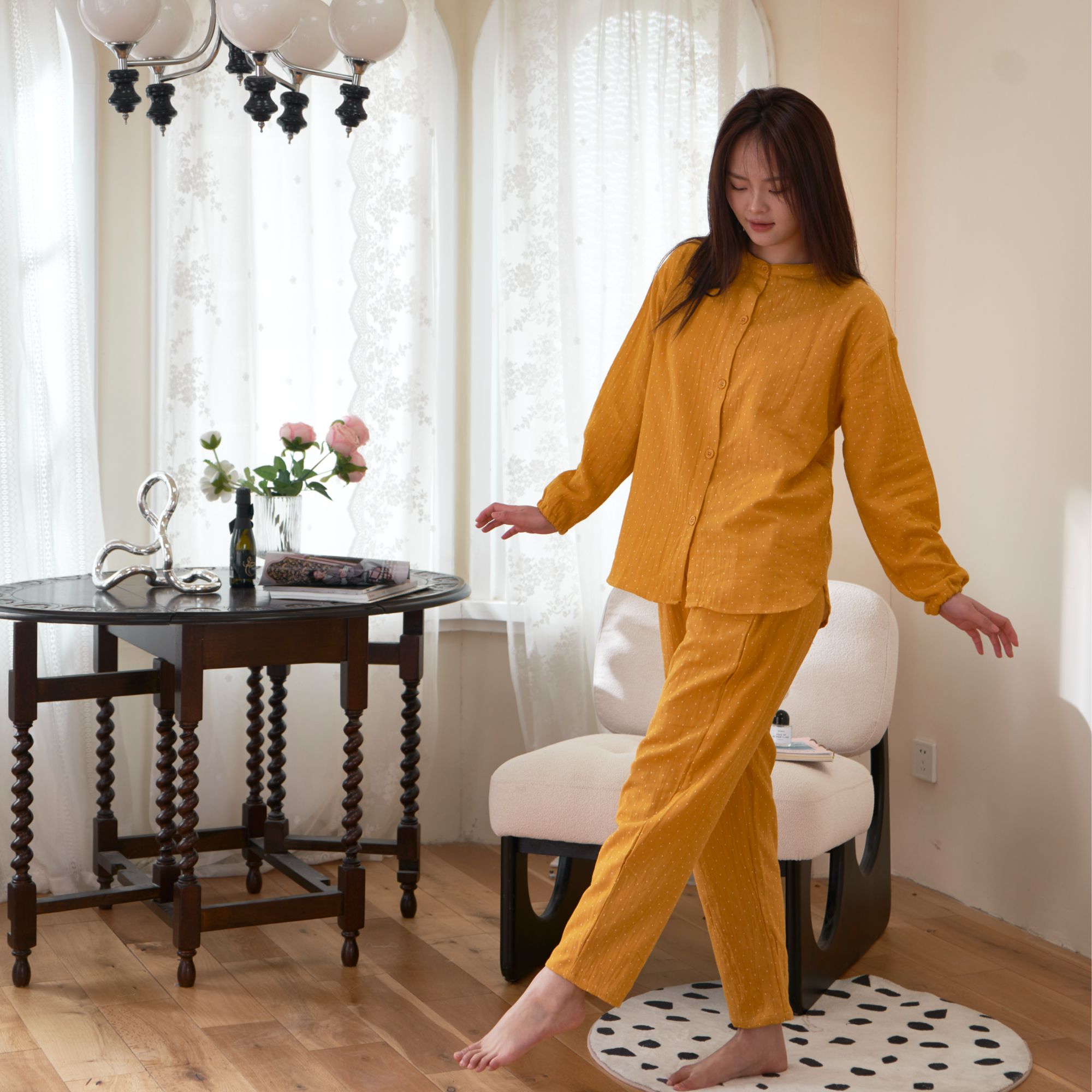 全棉纯棉双层纱布丁格睡衣秋季套装春秋长袖休闲宽松居家家居服