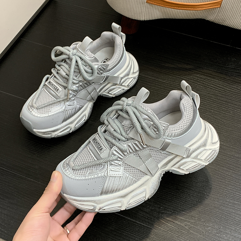 2025新款春季爆款银色老爹鞋女款休闲百搭厚底运动鞋女款